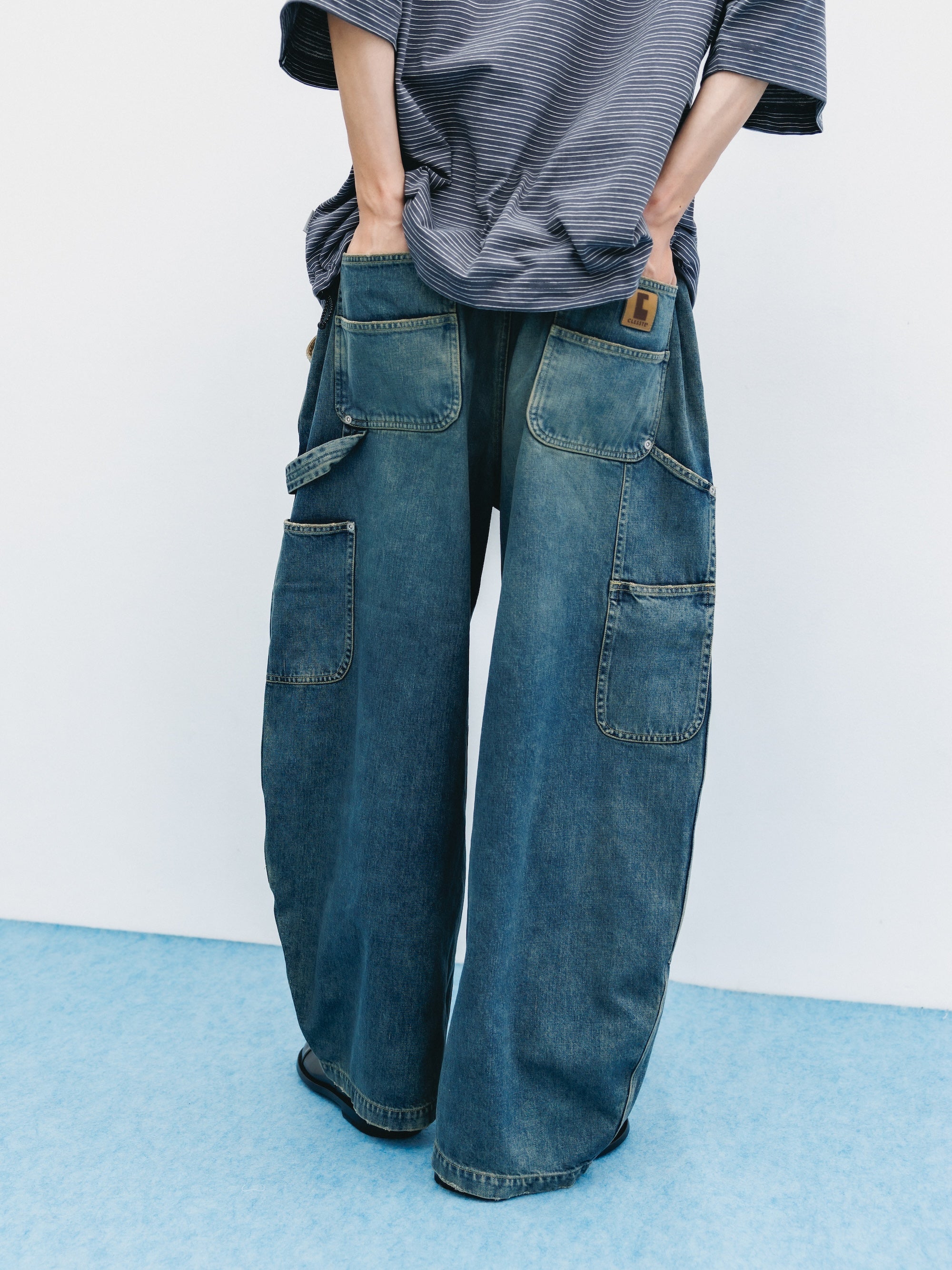 VINTAGE DYED SELVEDGE DENIM DOUBLE KNEE CURVED WORKER PANTS (VINTAGE INDIGO)