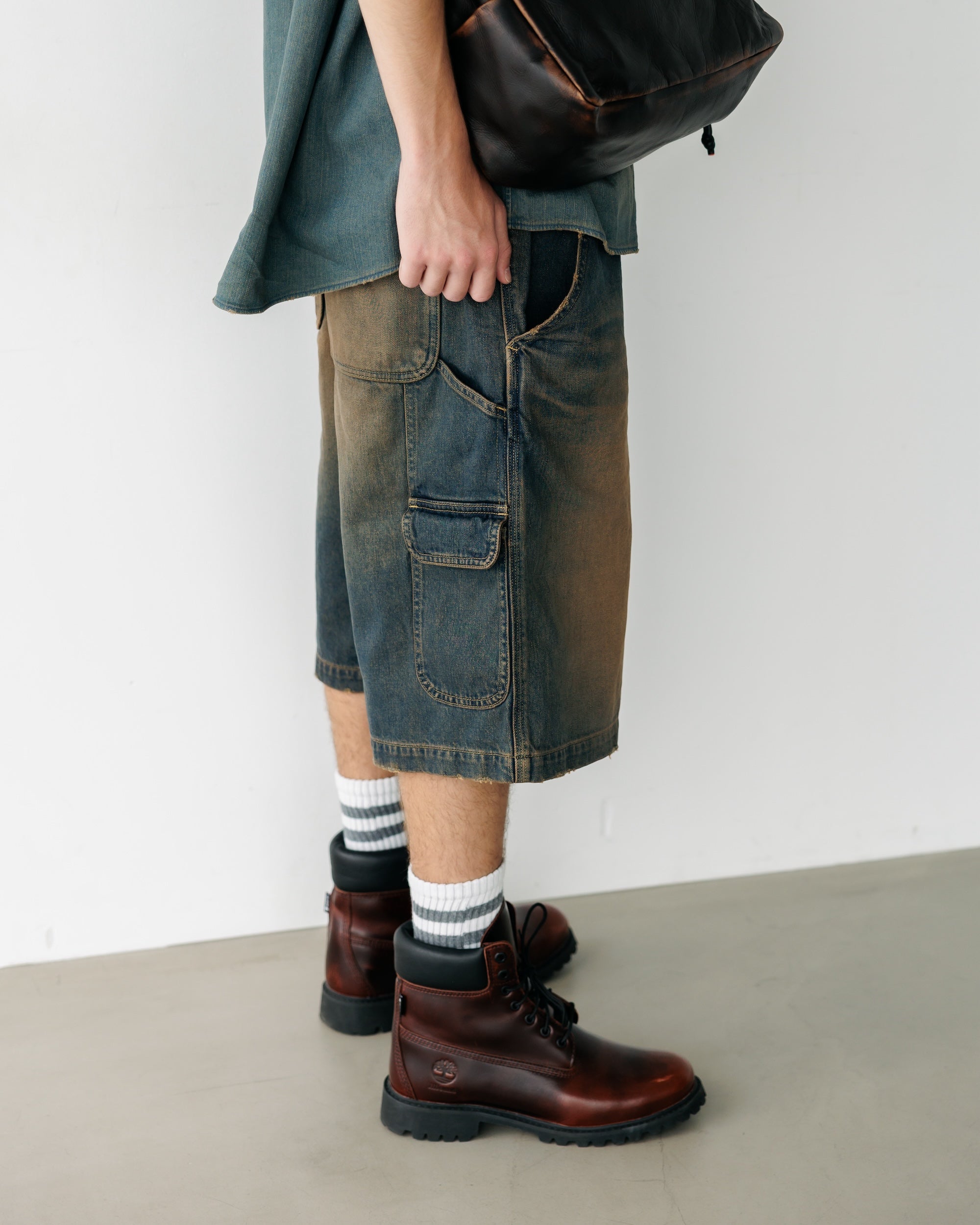 VINTAGE DYED SELVEDGE DENIM WORKER HALF PANTS (VINTAGE BROWN)