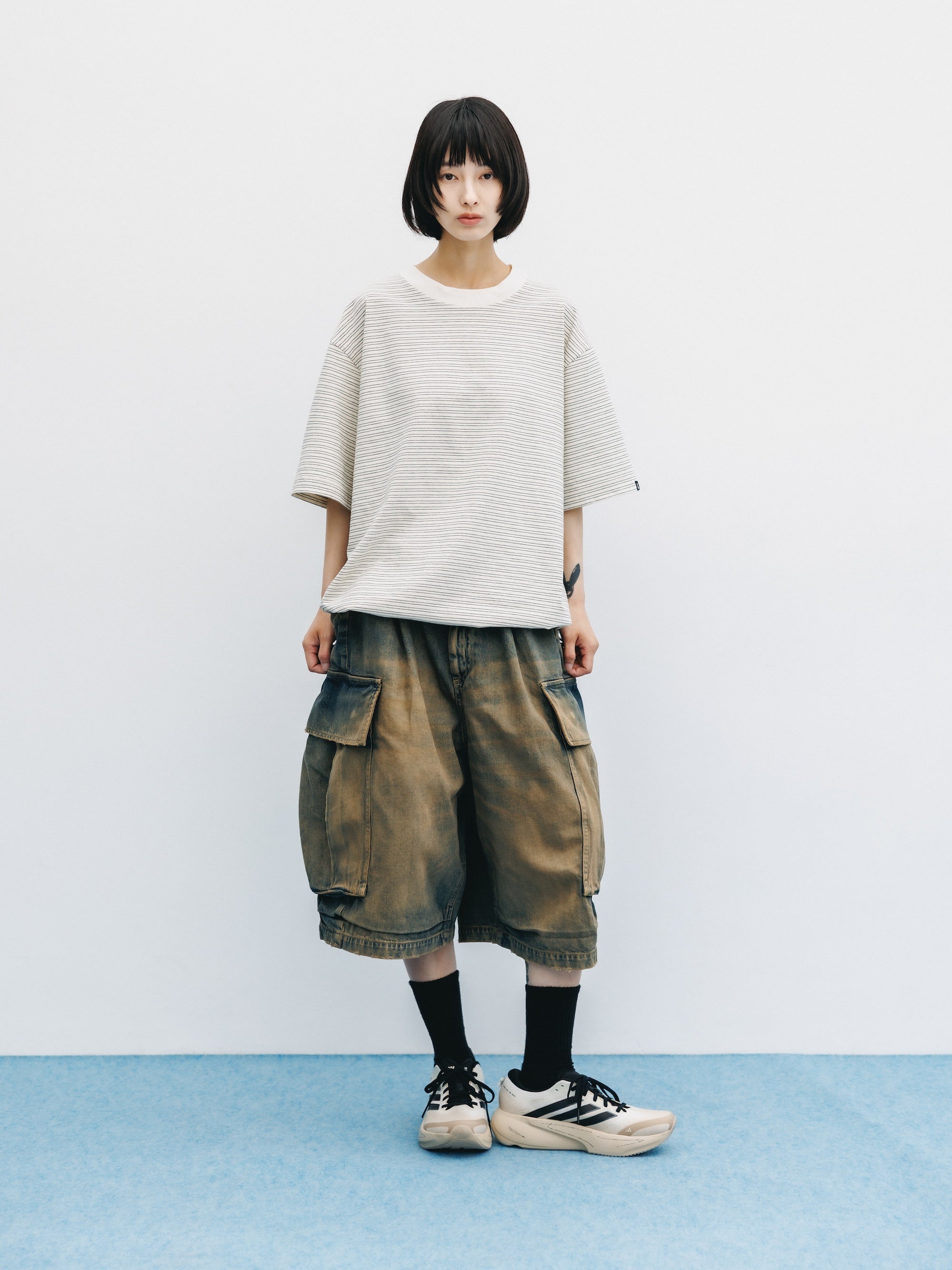 VINTAGE DYED SELVEDGE DENIM CITY MEGA POCKET BALLOON CARGO HALF PANTS (VINTAGE BEIGE)