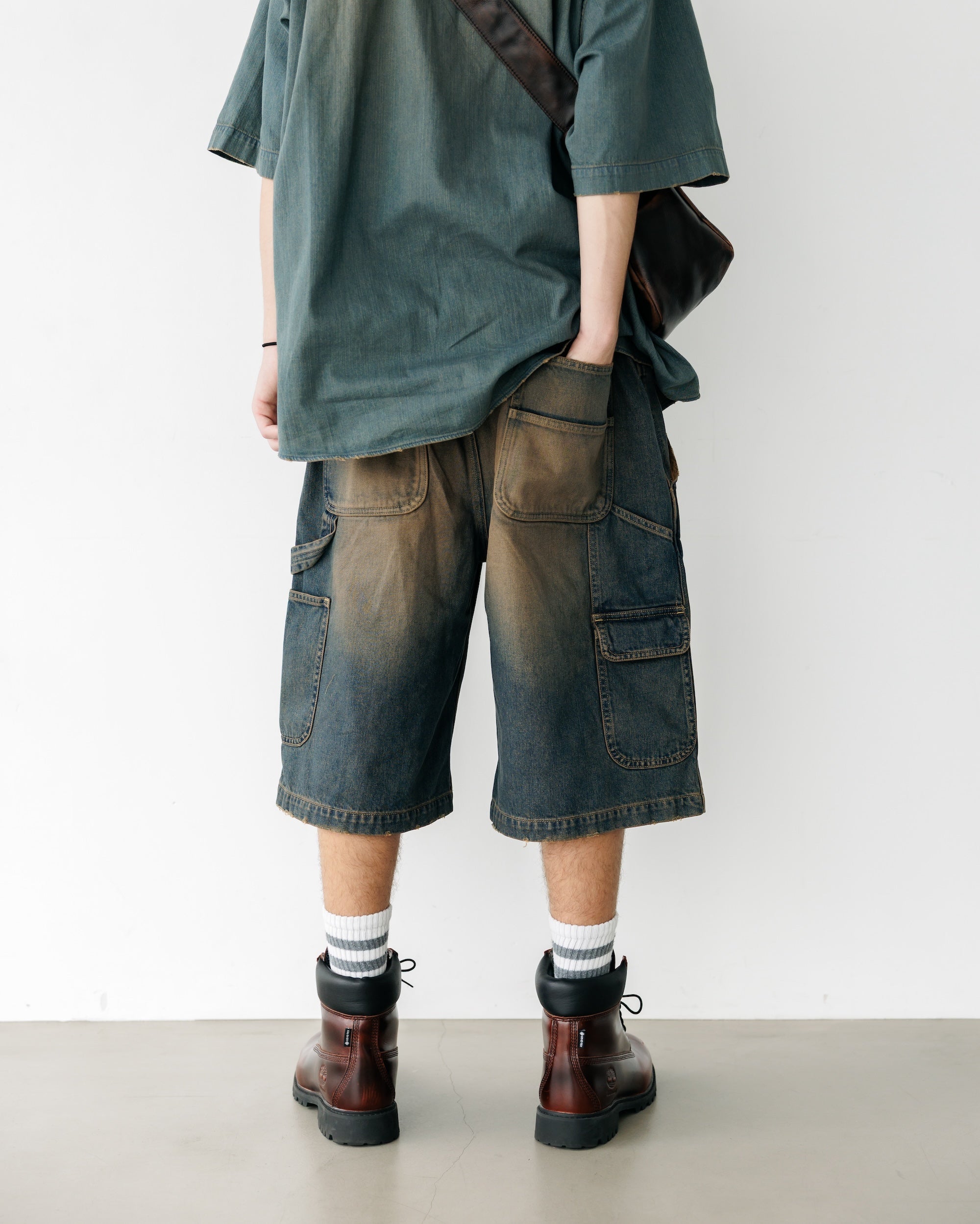 VINTAGE DYED SELVEDGE DENIM WORKER HALF PANTS (VINTAGE BROWN)