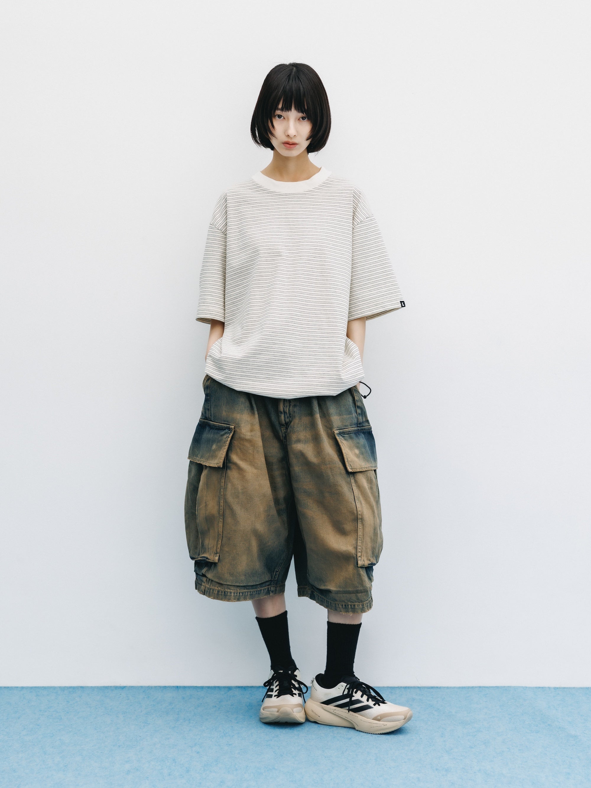 VINTAGE DYED SELVEDGE DENIM CITY MEGA POCKET BALLOON CARGO HALF PANTS
