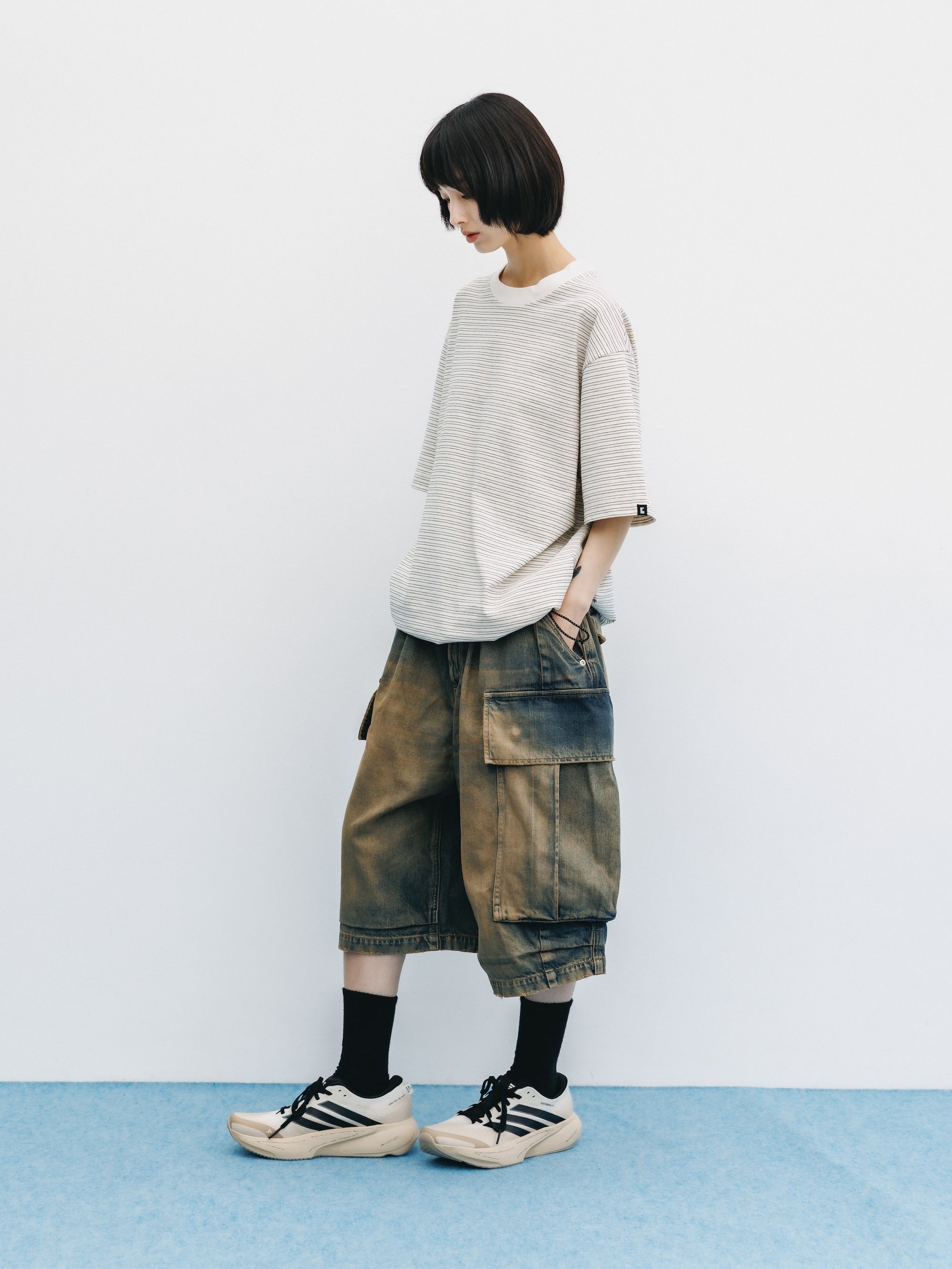 VINTAGE DYED SELVEDGE DENIM CITY MEGA POCKET BALLOON CARGO HALF PANTS (VINTAGE BEIGE)