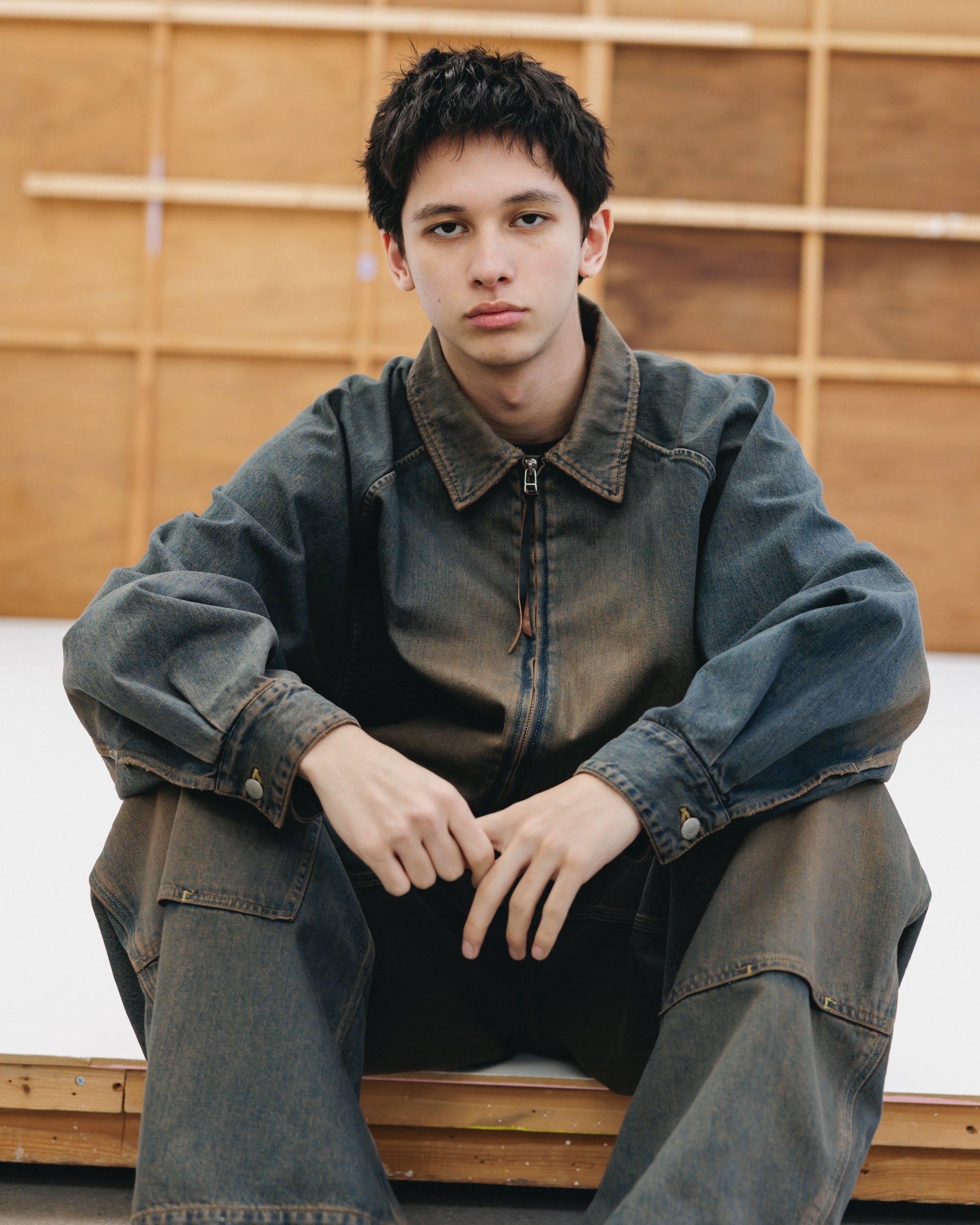 VINTAGE DYED SELVEDGE DENIM CITY UTILITY JACKET (VINTAGE BROWN)