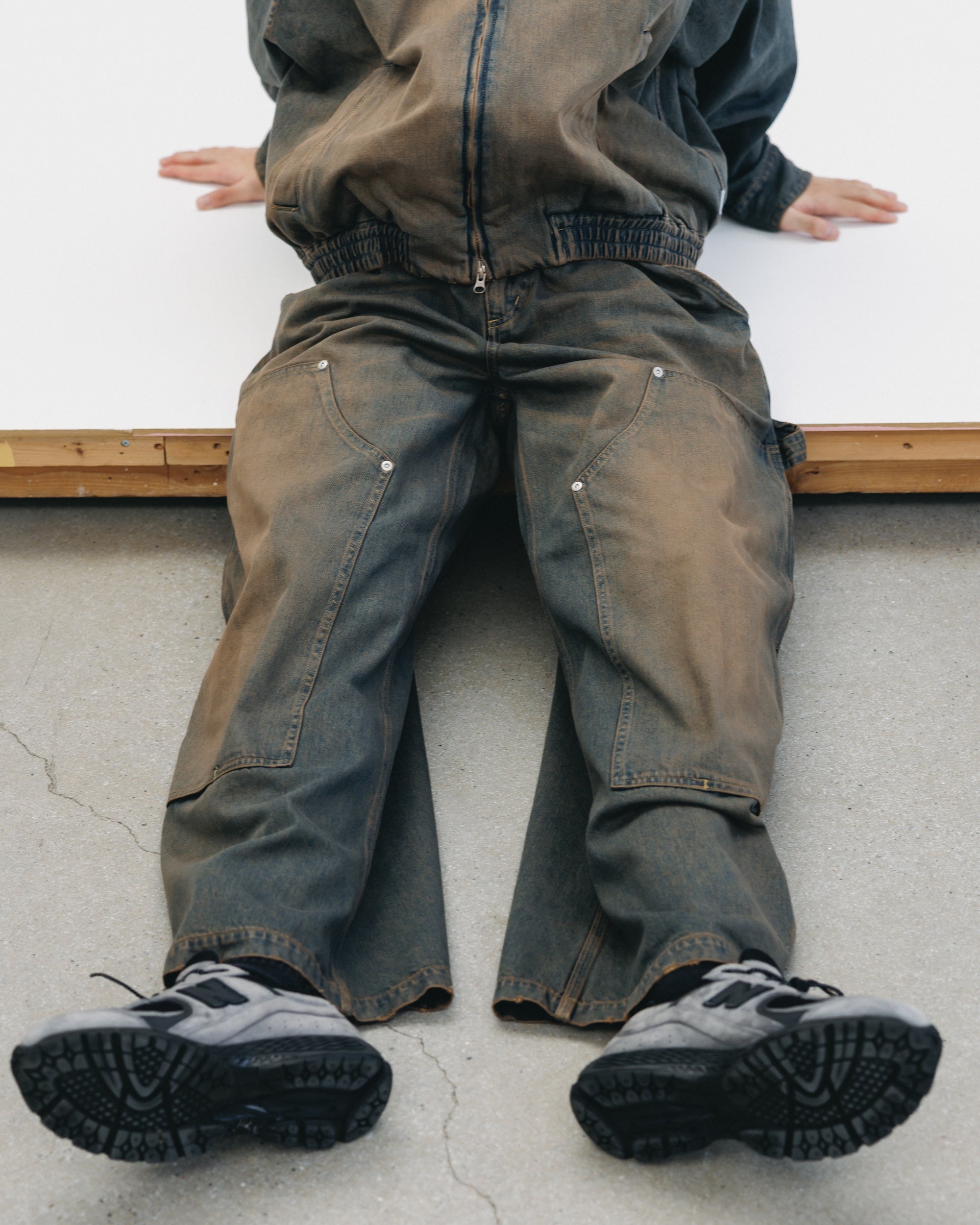 VINTAGE DYED SELVEDGE DENIM DOUBLE KNEE CURVED WORKER PANTS (VINTAGE BROWN)