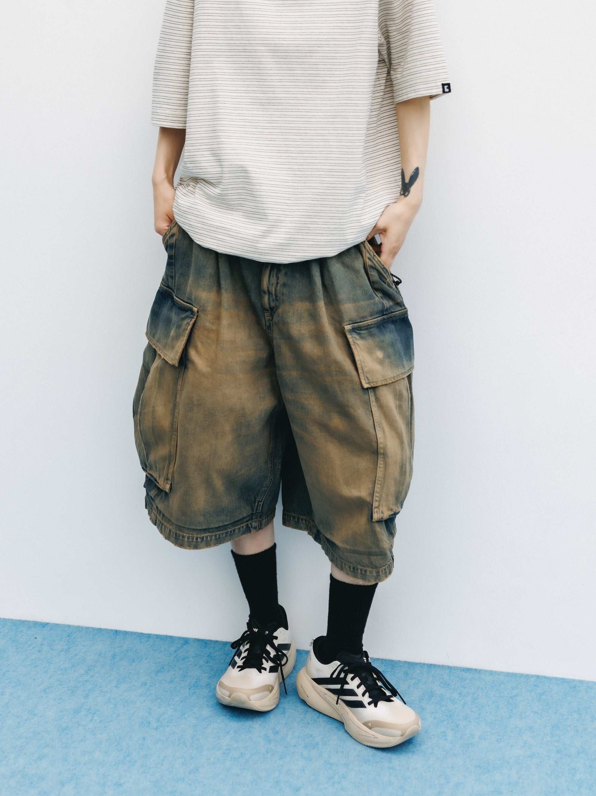 VINTAGE DYED SELVEDGE DENIM CITY MEGA POCKET BALLOON CARGO HALF PANTS (VINTAGE BEIGE)