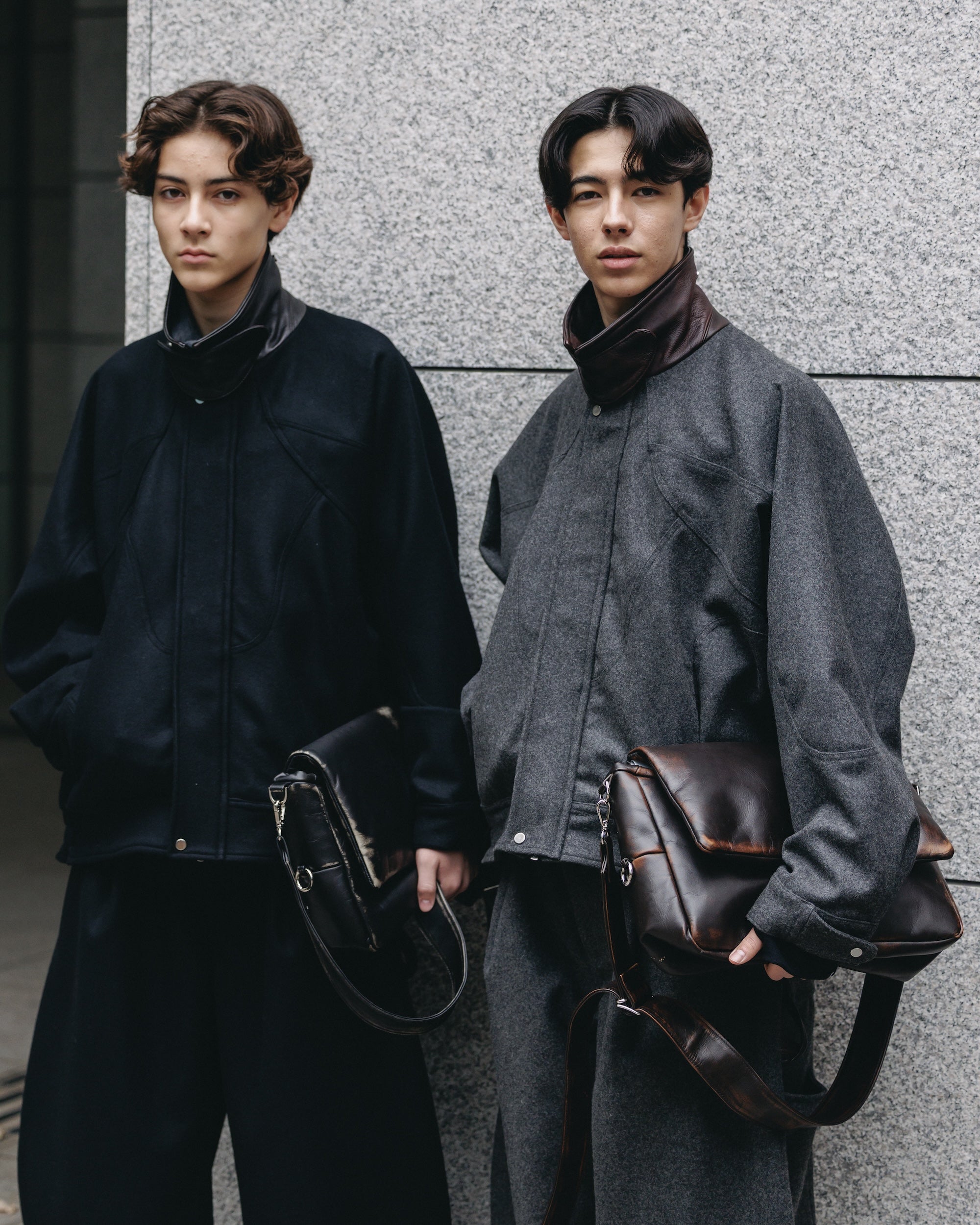 【12.6 SAT 20:00- IN STOCK】LEATHER COLLAR WOOL MELTON FUTURE JACKET (GRAY)