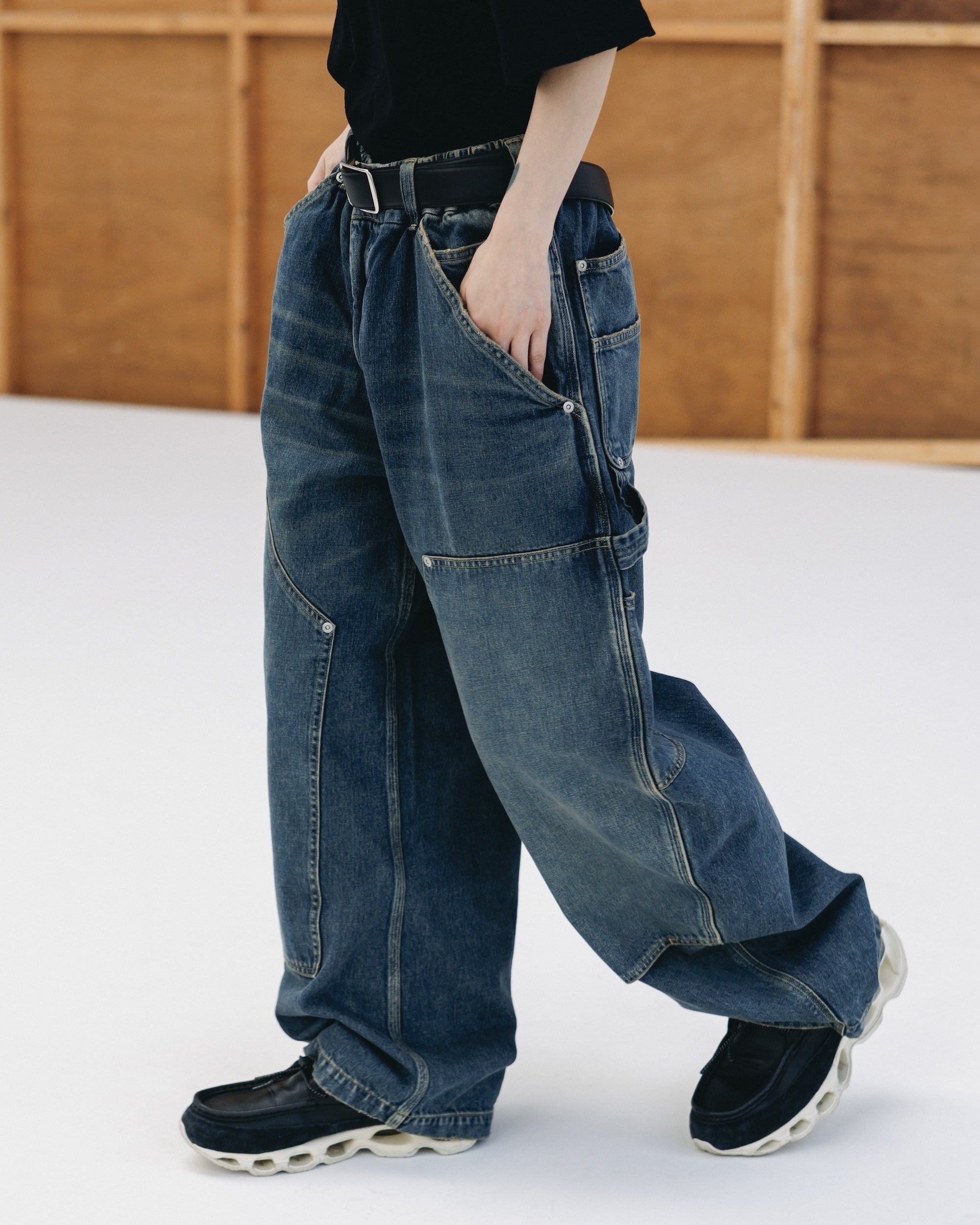 VINTAGE DYED SELVEDGE DENIM DOUBLE KNEE CURVED WORKER PANTS (VINTAGE INDIGO)