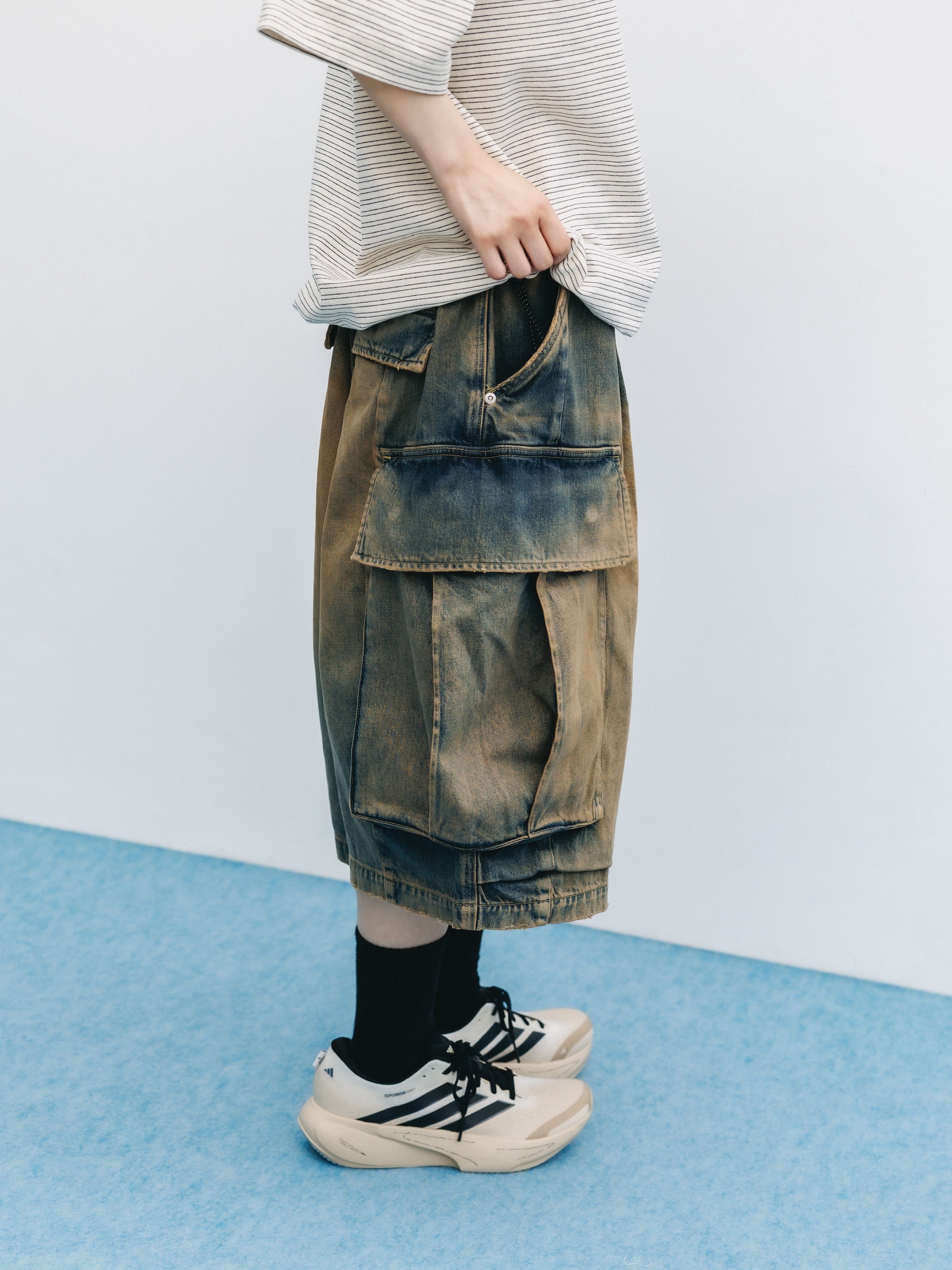VINTAGE DYED SELVEDGE DENIM CITY MEGA POCKET BALLOON CARGO HALF PANTS (VINTAGE BEIGE)