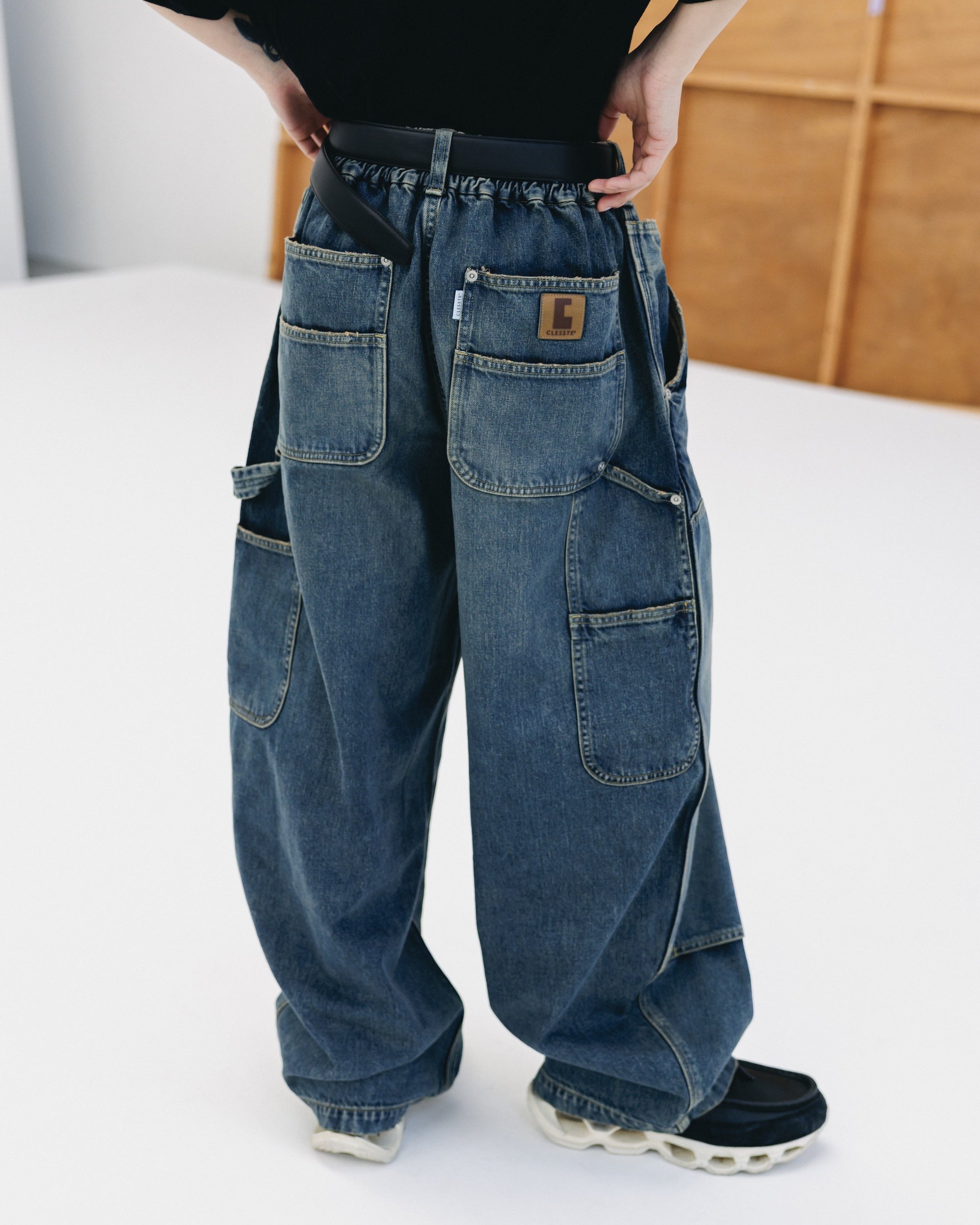 VINTAGE DYED SELVEDGE DENIM DOUBLE KNEE CURVED WORKER PANTS (VINTAGE INDIGO)