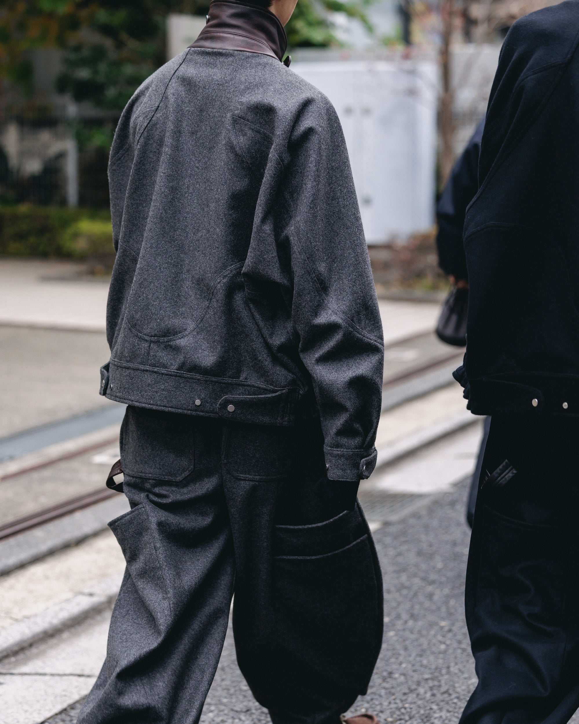 LEATHER COLLAR WOOL MELTON FUTURE JACKET (GRAY)