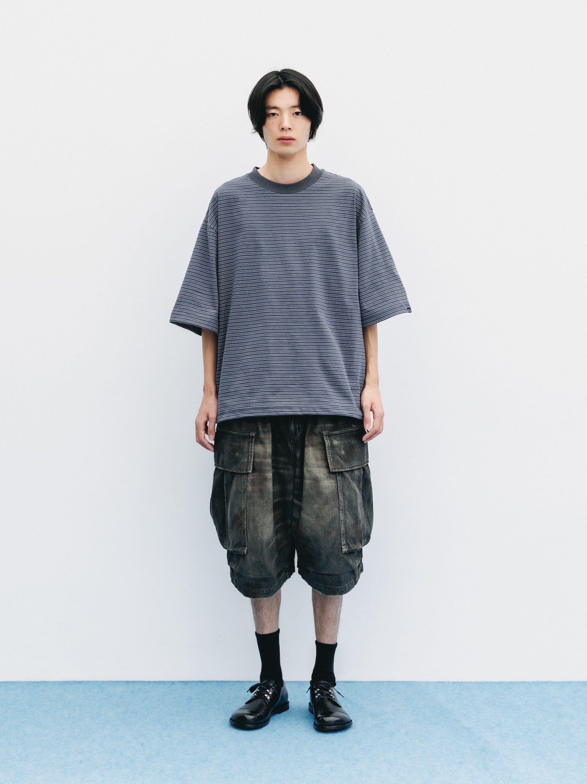 VINTAGE DYED SELVEDGE DENIM CITY MEGA POCKET BALLOON CARGO HALF PANTS (VINTAGE BLACK)