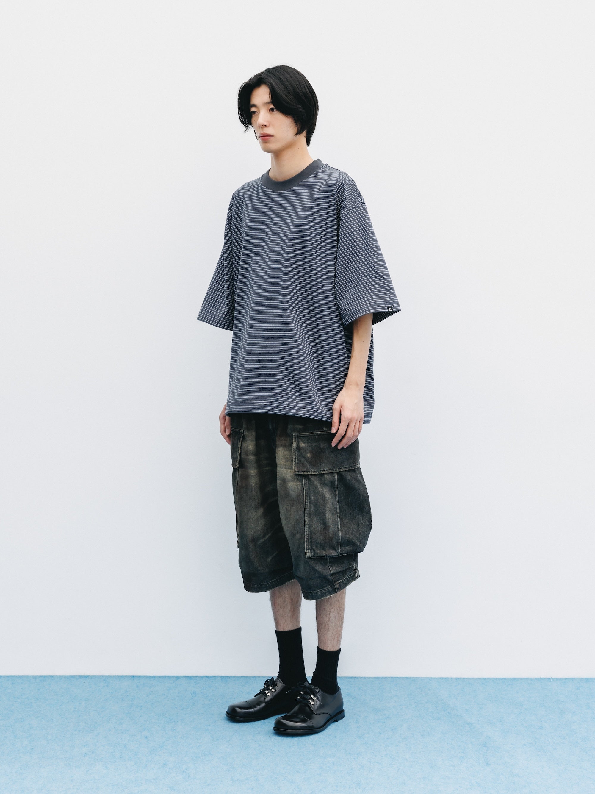 VINTAGE DYED SELVEDGE DENIM CITY MEGA POCKET BALLOON CARGO HALF PANTS (VINTAGE BLACK)