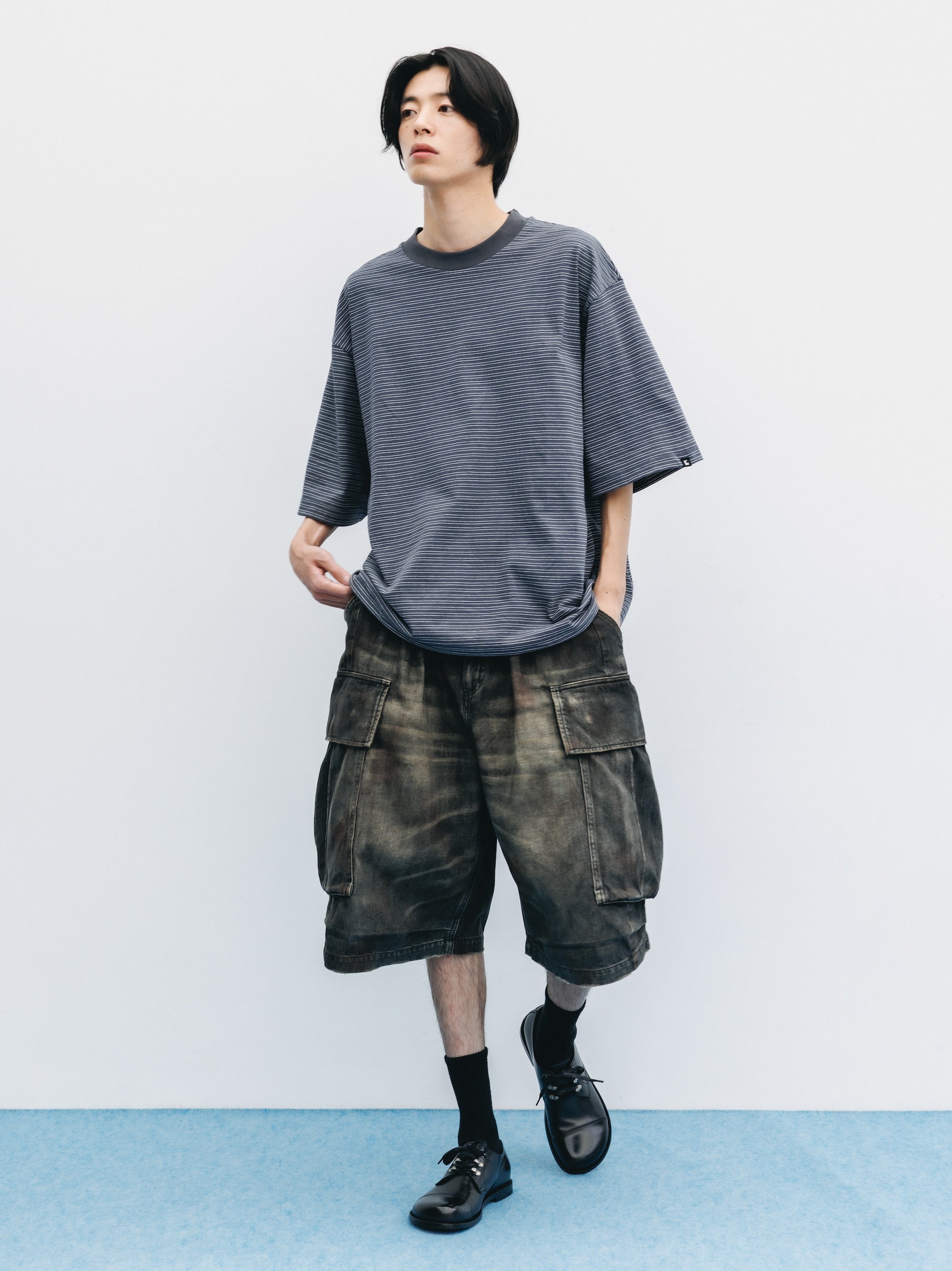 VINTAGE DYED SELVEDGE DENIM CITY MEGA POCKET BALLOON CARGO HALF PANTS (VINTAGE BLACK)