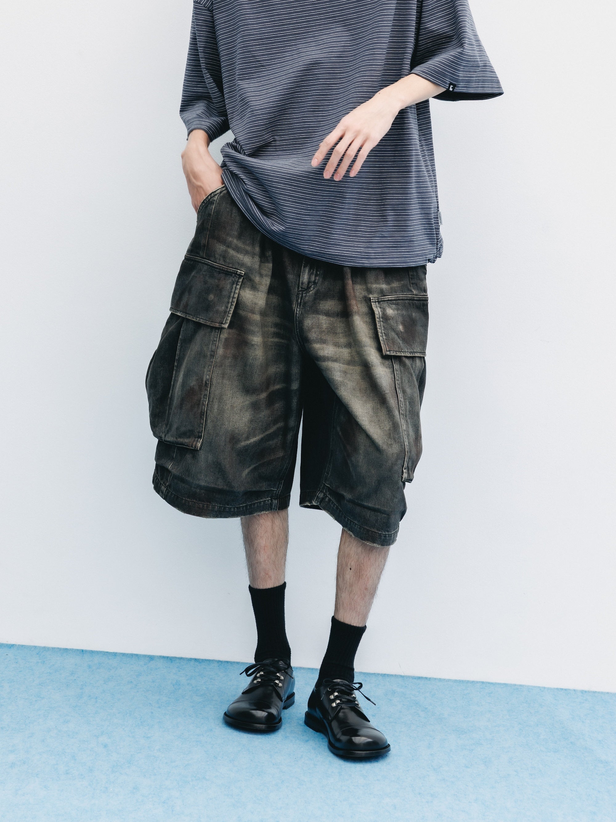 VINTAGE DYED SELVEDGE DENIM CITY MEGA POCKET BALLOON CARGO HALF PANTS