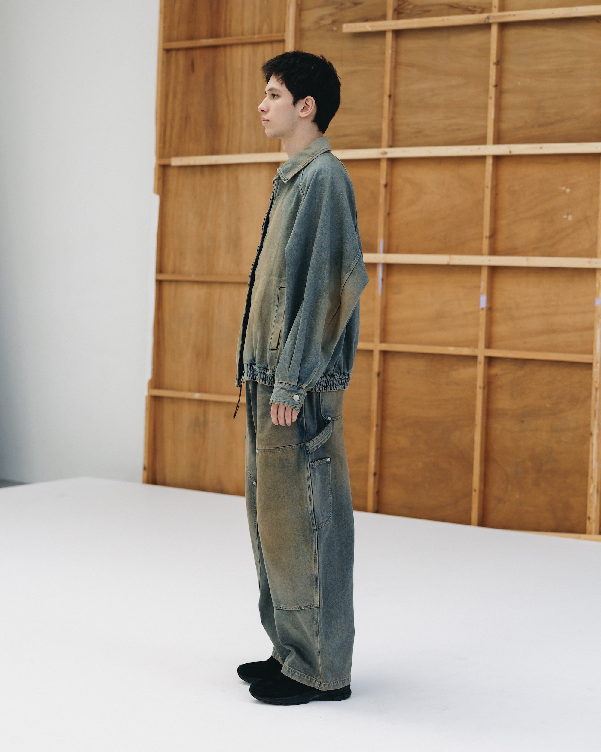 VINTAGE DYED SELVEDGE DENIM DOUBLE KNEE CURVED WORKER PANTS (VINTAGE BEIGE)