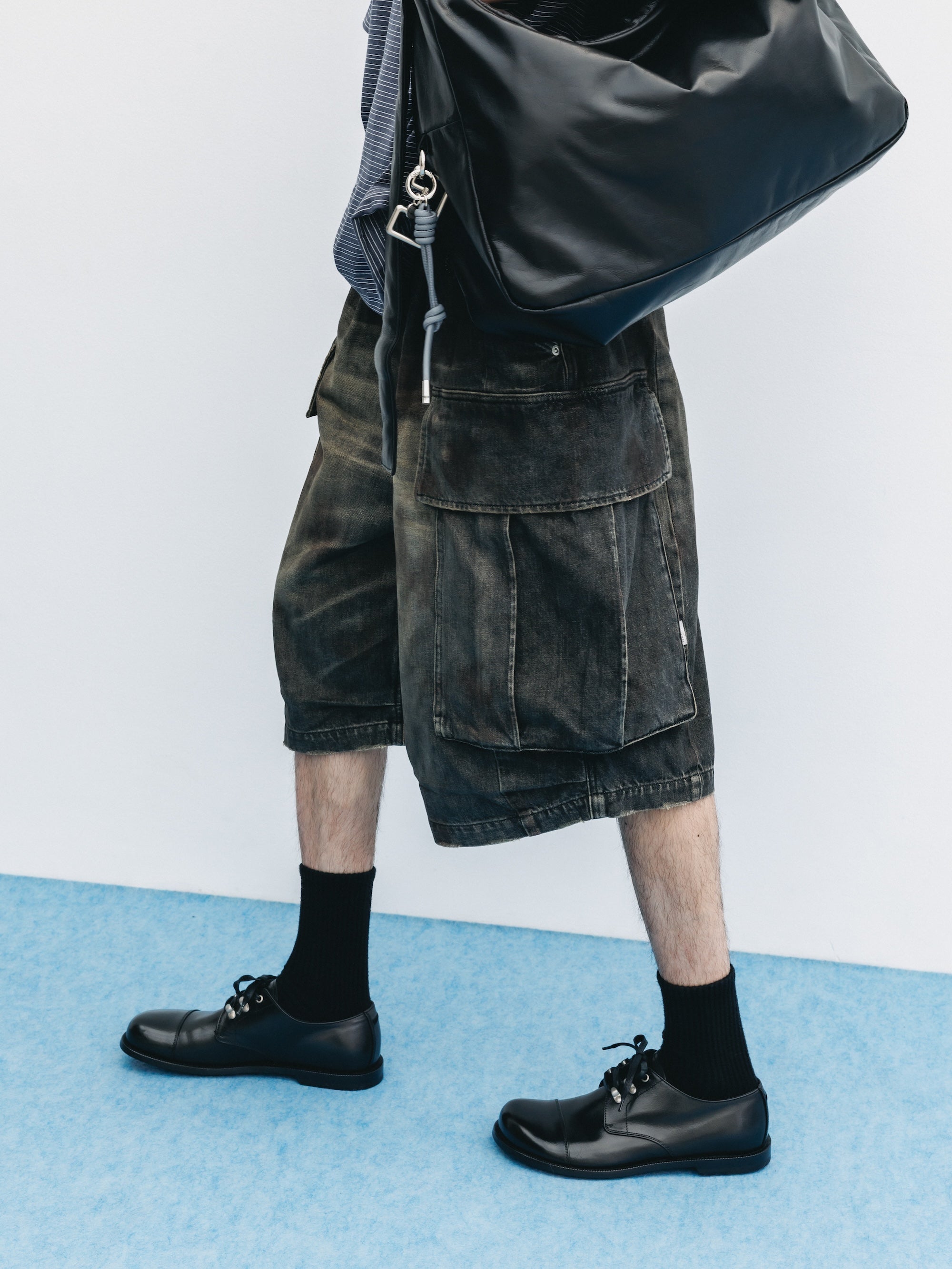 VINTAGE DYED SELVEDGE DENIM CITY MEGA POCKET BALLOON CARGO HALF PANTS (VINTAGE BLACK)