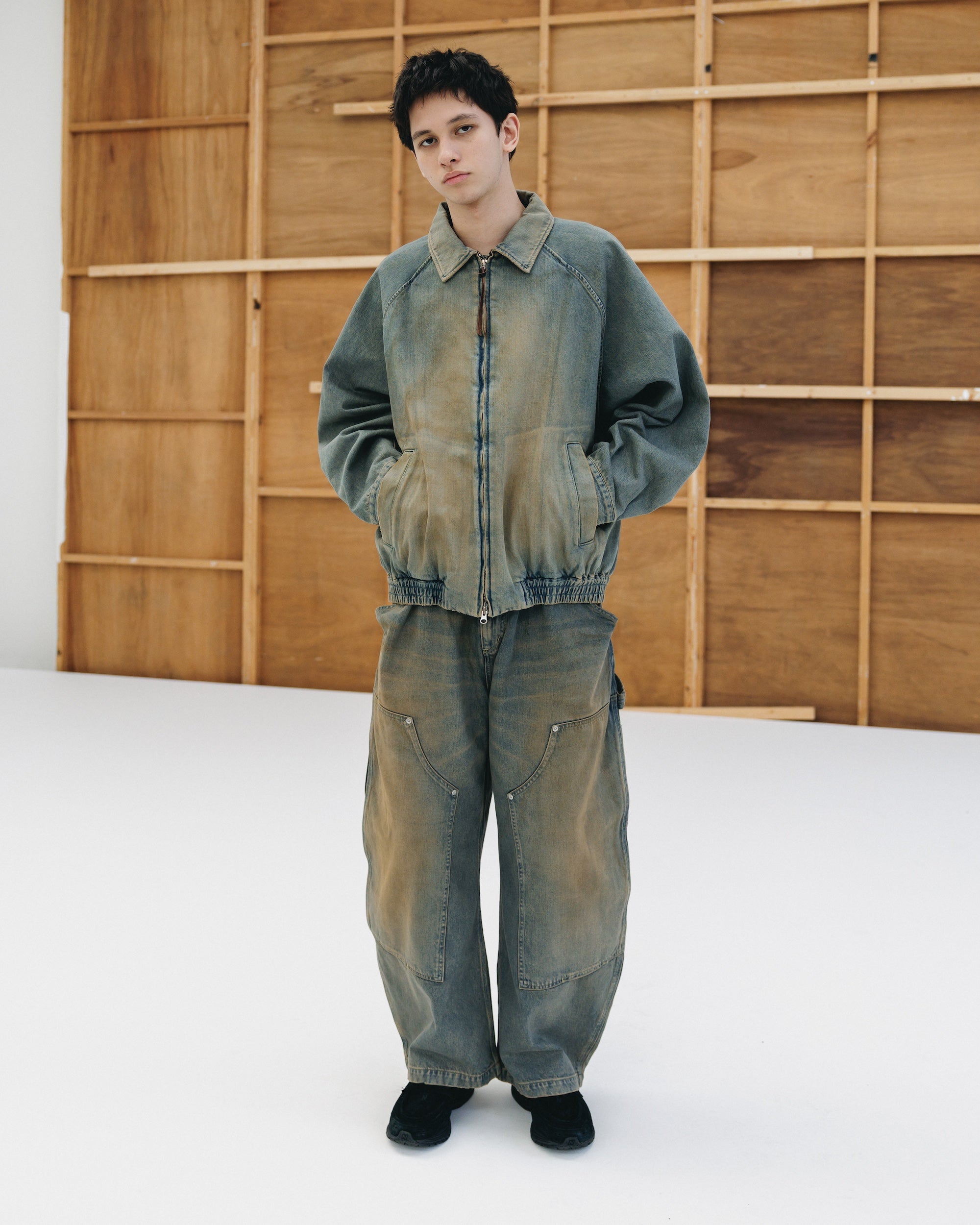 VINTAGE DYED SELVEDGE DENIM DOUBLE KNEE CURVED WORKER PANTS (VINTAGE BEIGE)