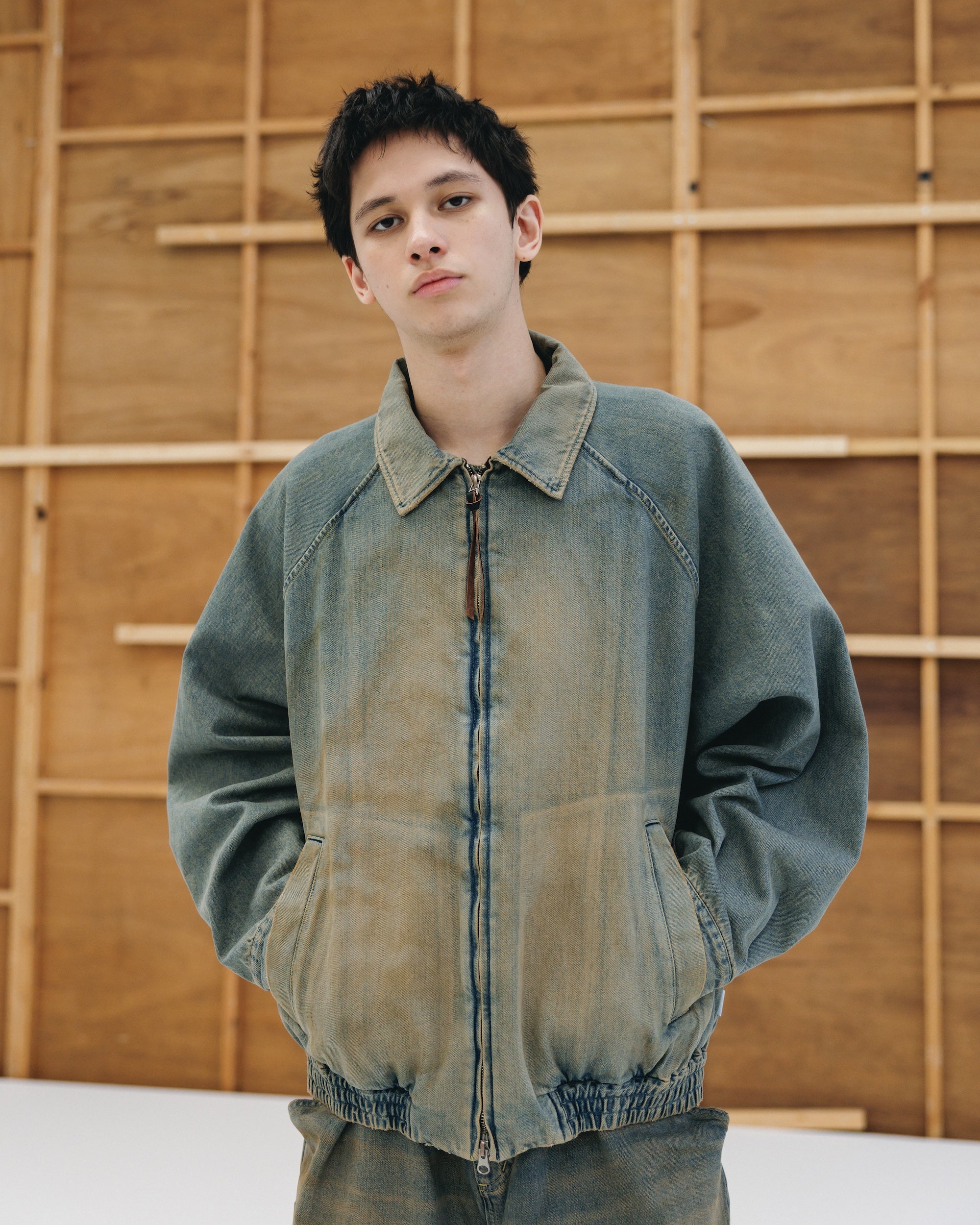 VINTAGE DYED SELVEDGE DENIM CITY UTILITY JACKET (VINTAGE BEIGE)