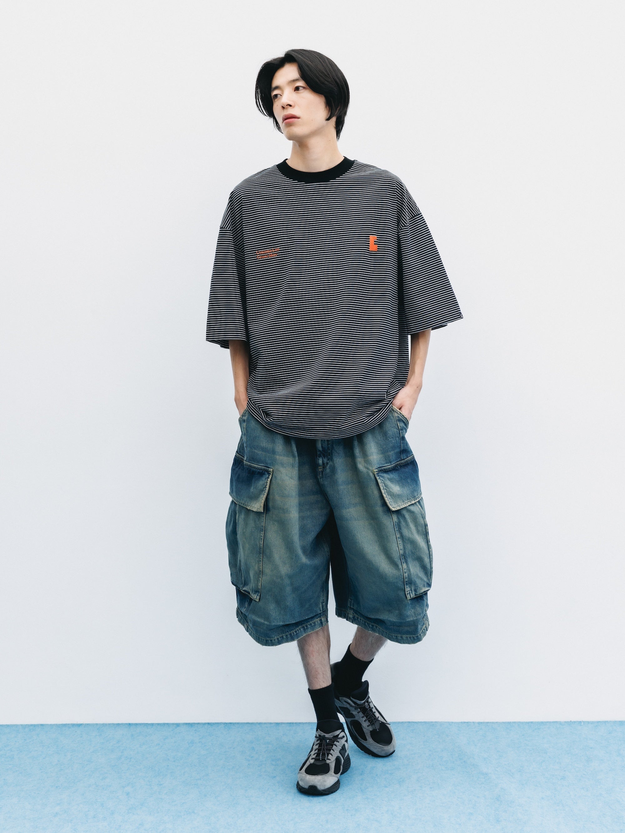 VINTAGE DYED SELVEDGE DENIM CITY MEGA POCKET BALLOON CARGO HALF PANTS (VINTAGE INDIGO)