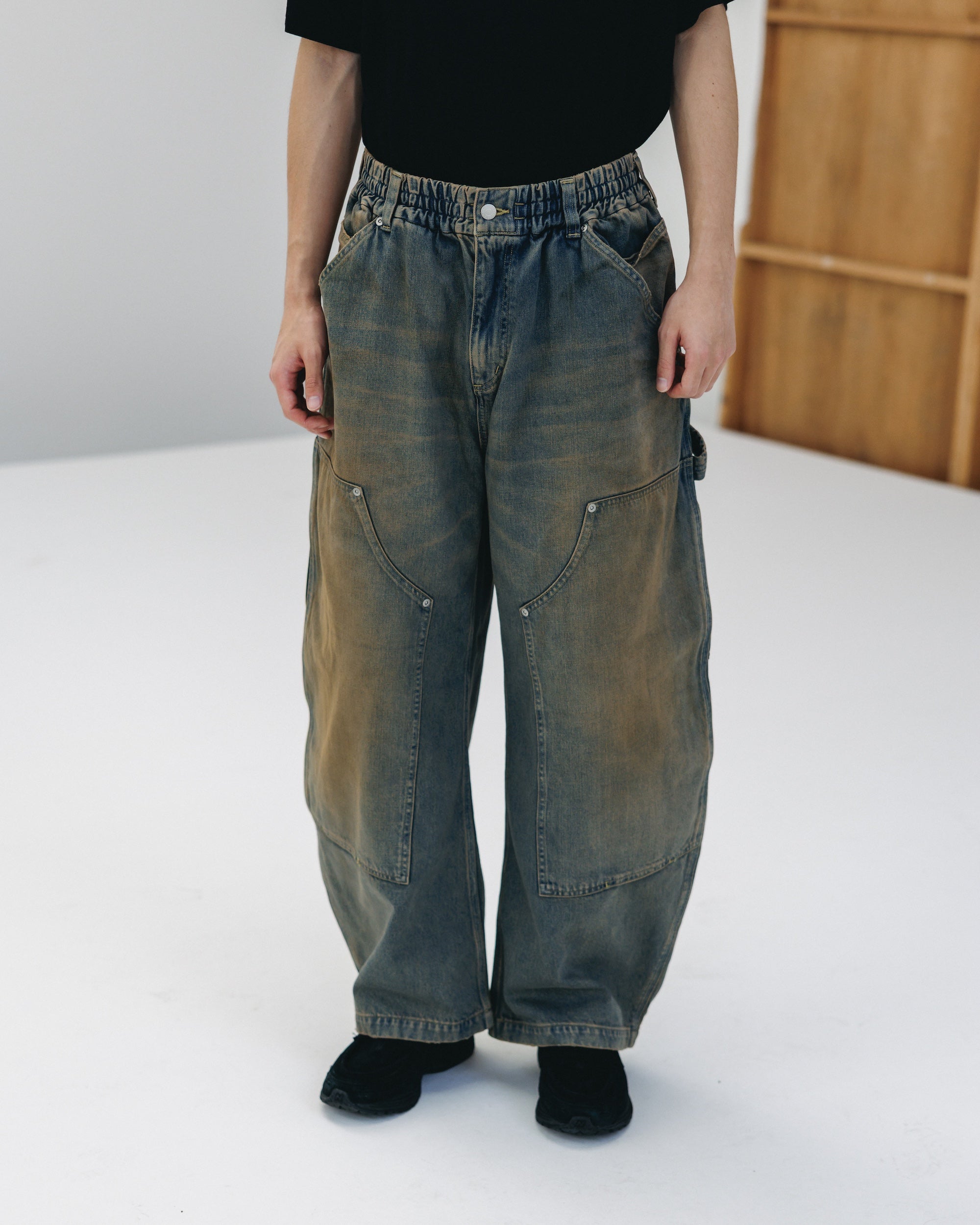 VINTAGE DYED SELVEDGE DENIM DOUBLE KNEE CURVED WORKER PANTS (VINTAGE BEIGE)
