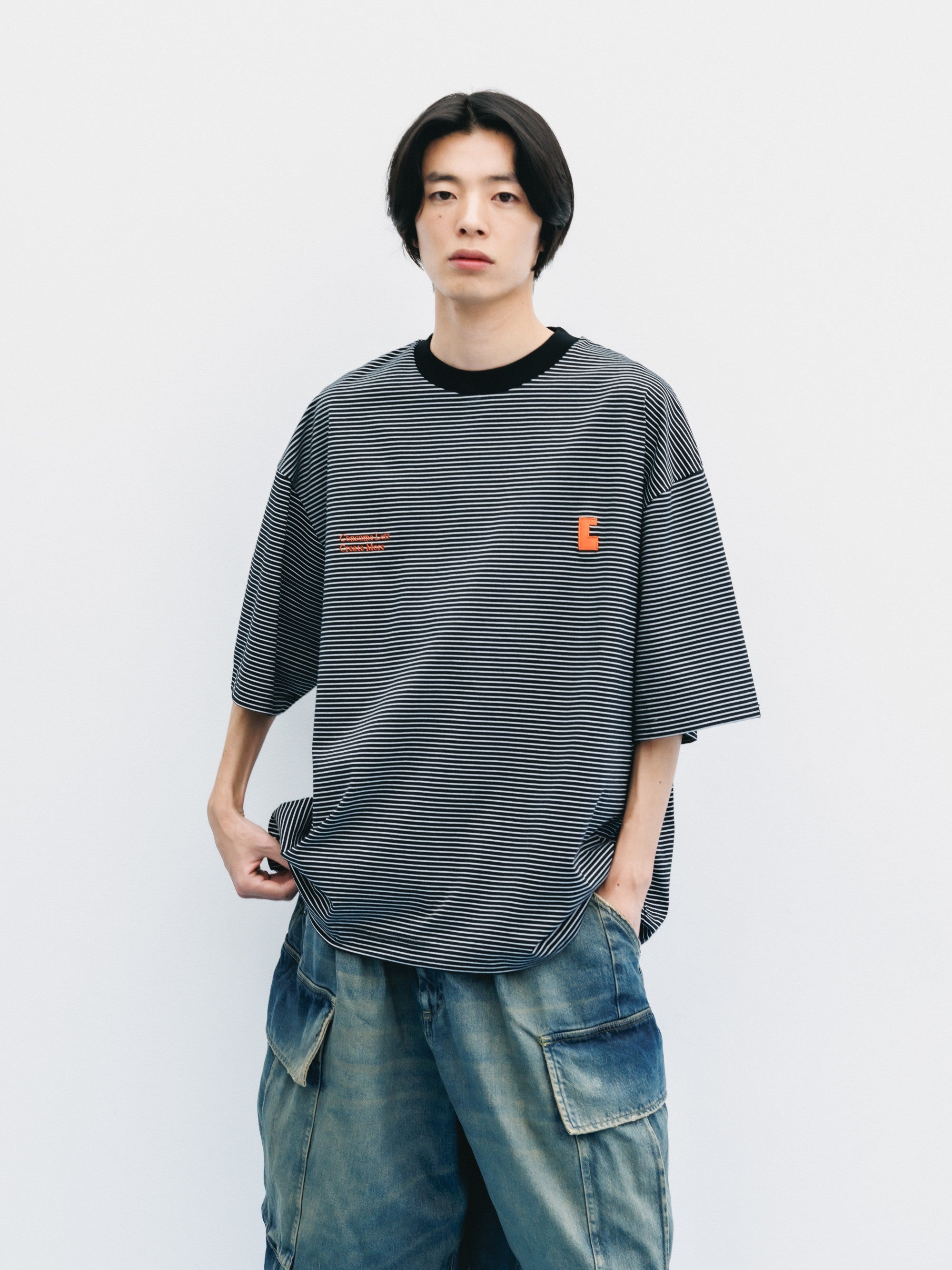 【6.13 SAT 20:00- IN STOCK】"C×CONCEPT" STRIPED S/S T-SHIRT WITH DRAWSTRINGS (BLACK×WHITE)