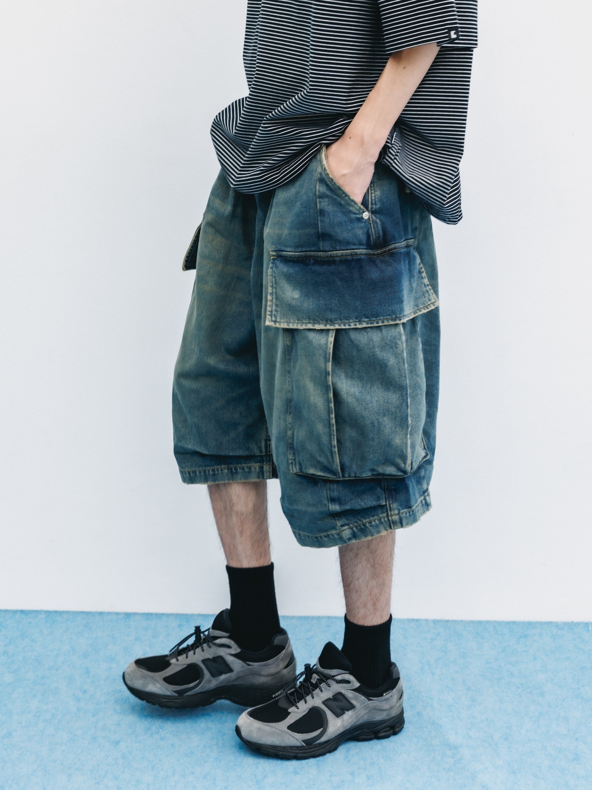 VINTAGE DYED SELVEDGE DENIM CITY MEGA POCKET BALLOON CARGO HALF PANTS (VINTAGE INDIGO)