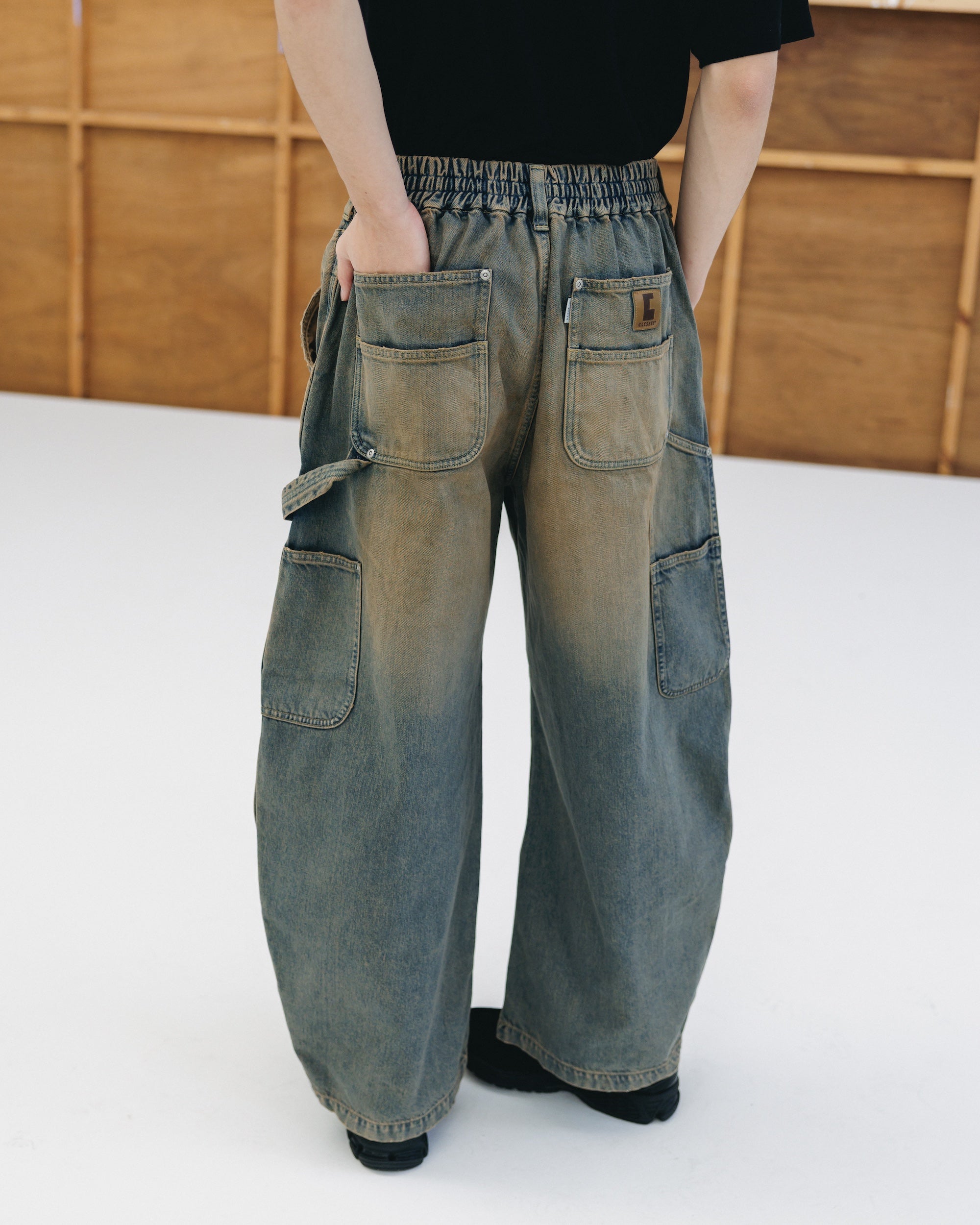 VINTAGE DYED SELVEDGE DENIM DOUBLE KNEE CURVED WORKER PANTS (VINTAGE BEIGE)