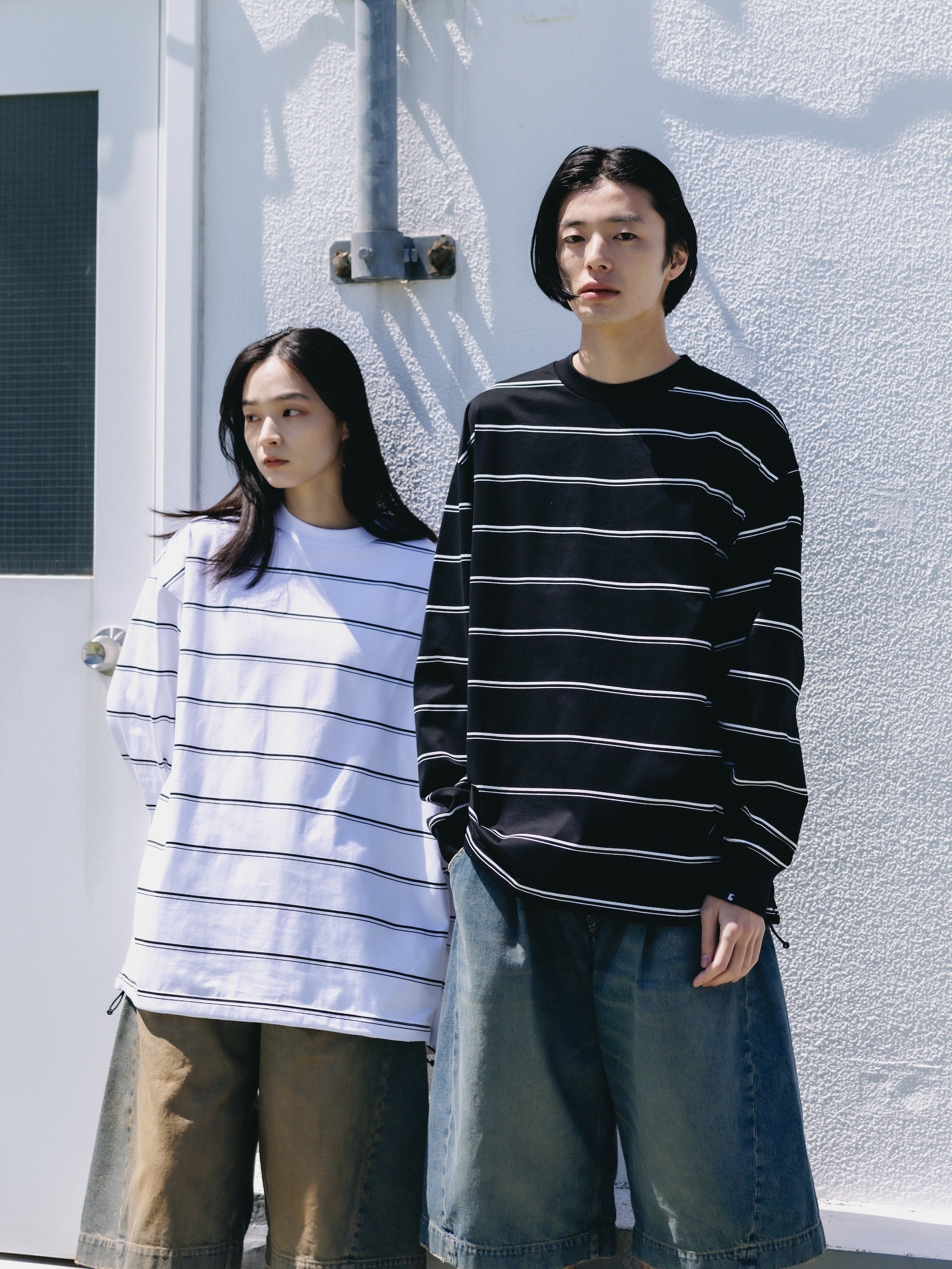 THICK THIN STRIPE L/S T-SHIRT WITH DRAWSTRINGS (WHITE))