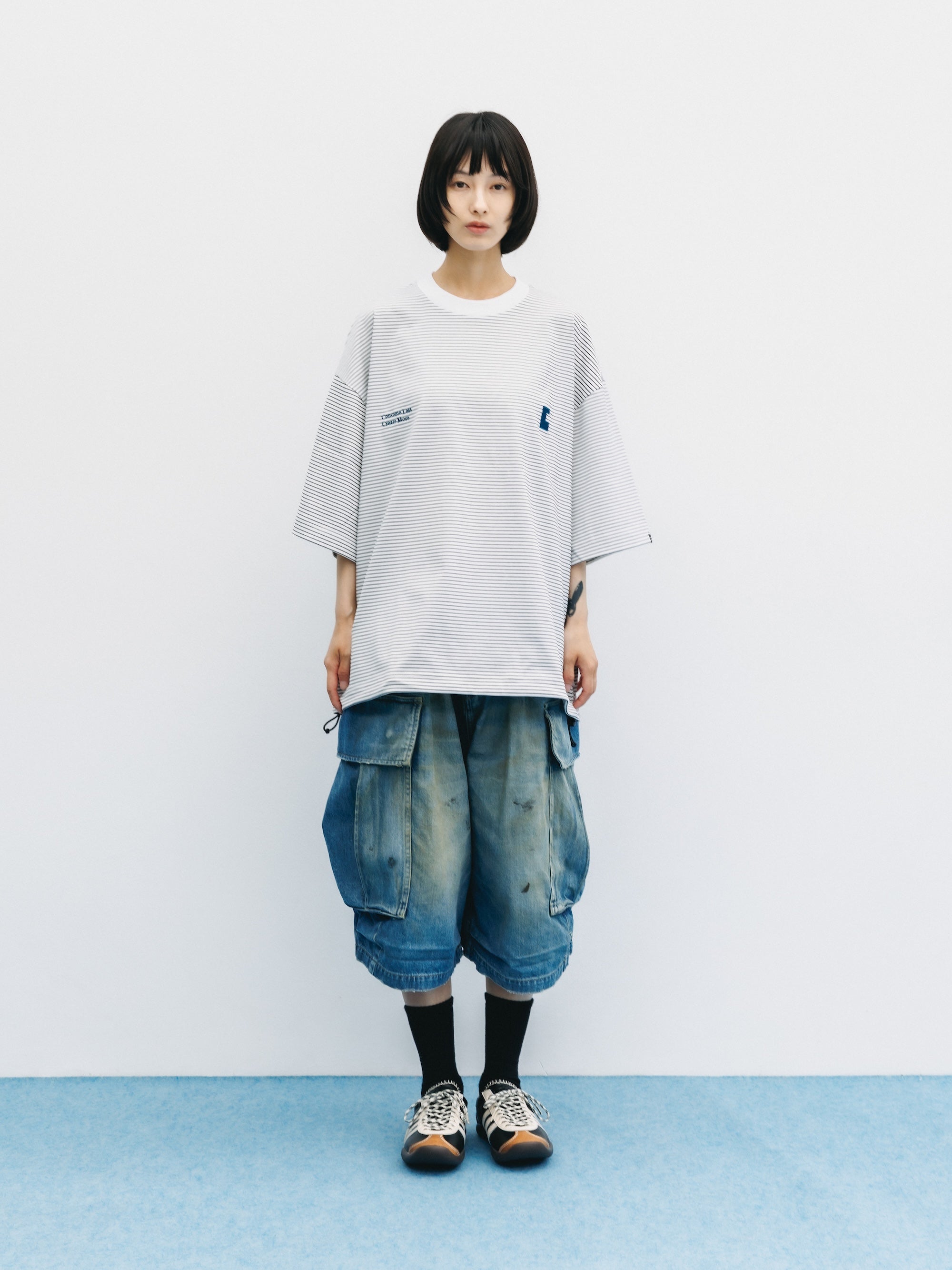 VINTAGE DYED SELVEDGE DENIM CITY MEGA POCKET BALLOON CARGO HALF PANTS (VINTAGE LIGHT INDIGO)