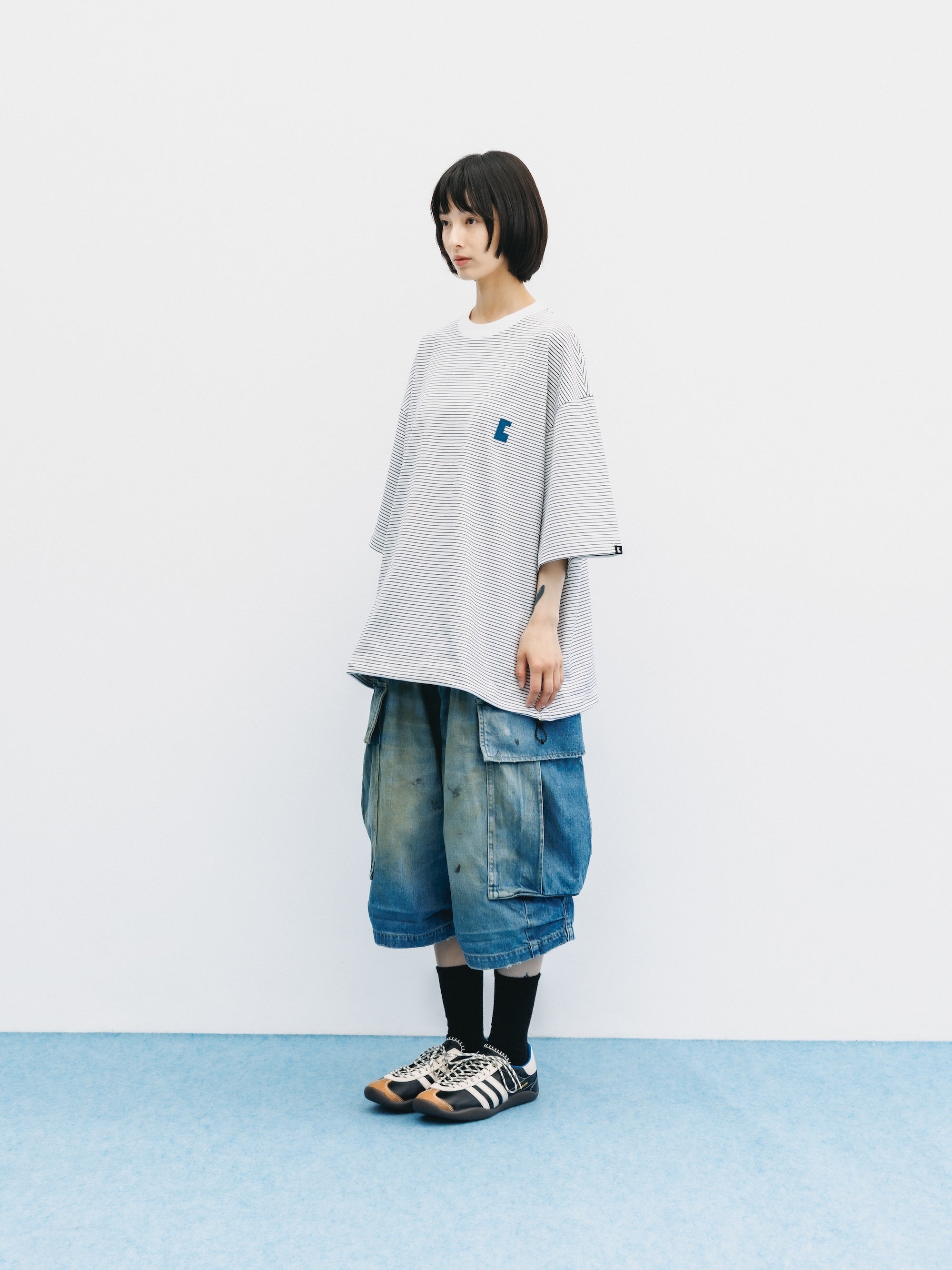 VINTAGE DYED SELVEDGE DENIM CITY MEGA POCKET BALLOON CARGO HALF PANTS