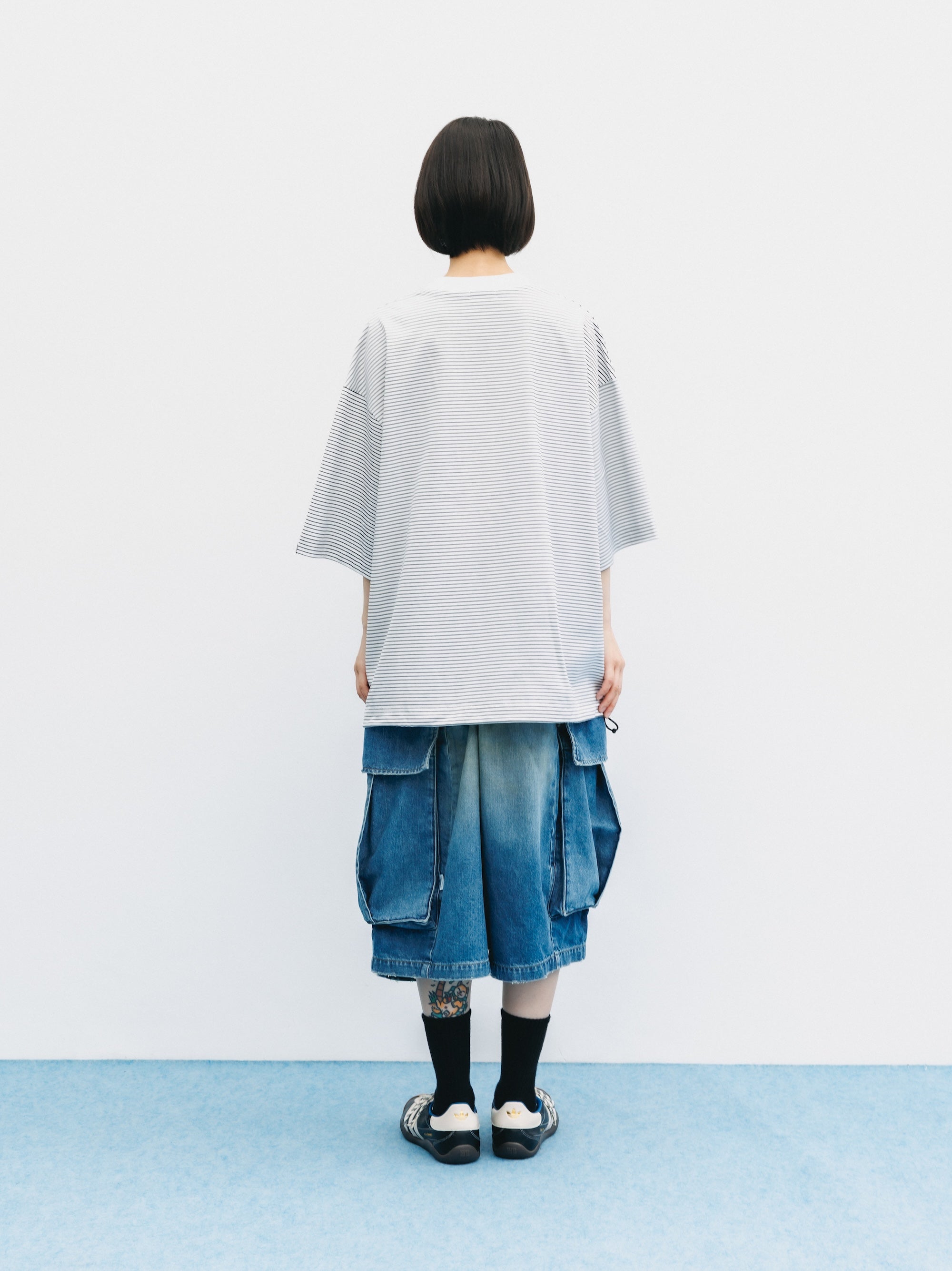 VINTAGE DYED SELVEDGE DENIM CITY MEGA POCKET BALLOON CARGO HALF PANTS (VINTAGE LIGHT INDIGO)