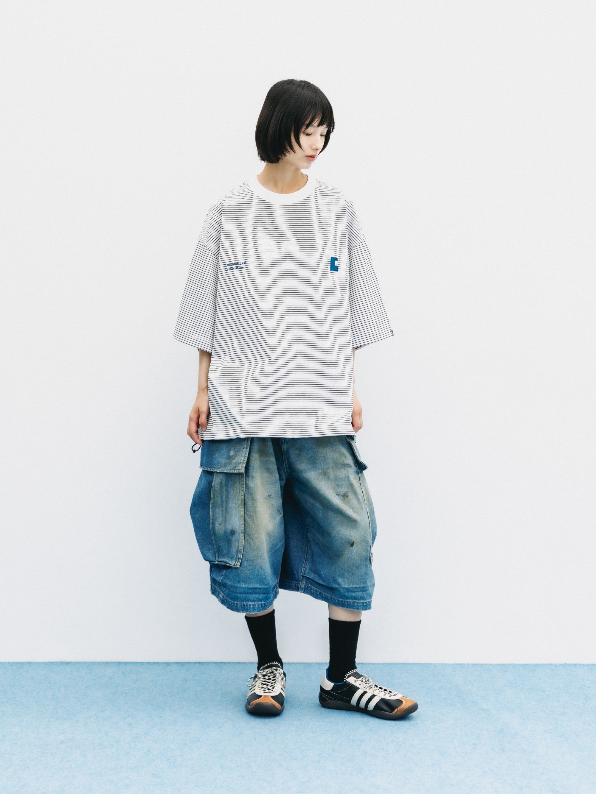 【6.13 SAT 20:00- IN STOCK】"C×CONCEPT" STRIPED S/S T-SHIRT WITH DRAWSTRINGS (WHITE×BLACK)