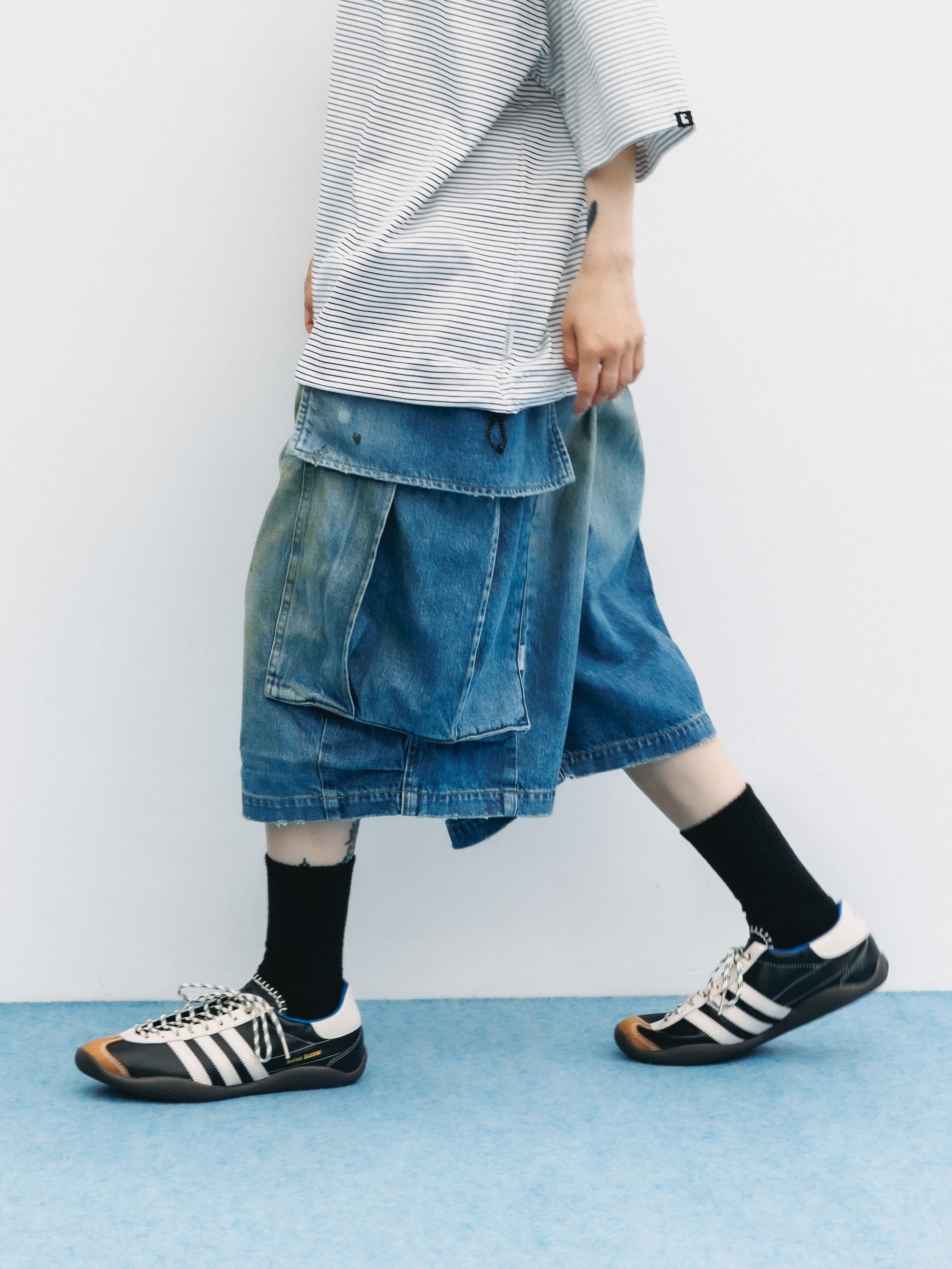 VINTAGE DYED SELVEDGE DENIM CITY MEGA POCKET BALLOON CARGO HALF PANTS (VINTAGE LIGHT INDIGO)