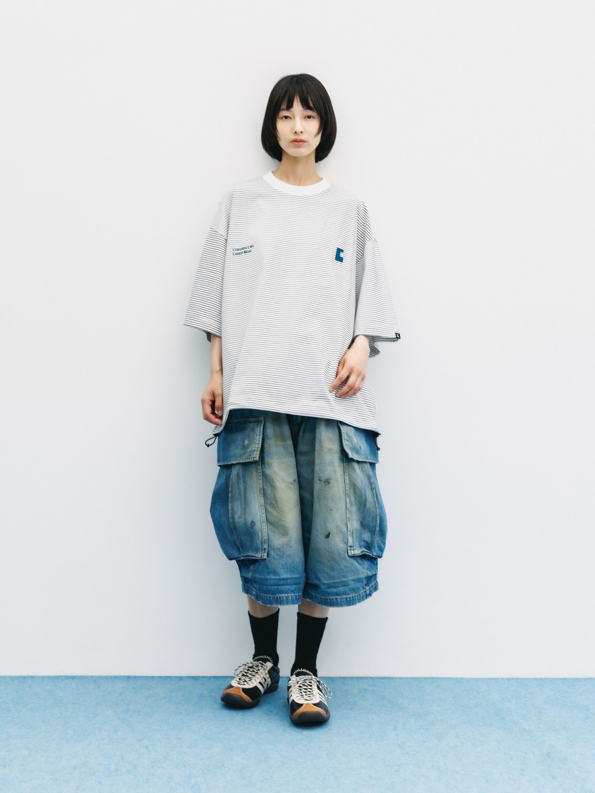 【6.13 SAT 20:00- IN STOCK】"C×CONCEPT" STRIPED S/S T-SHIRT WITH DRAWSTRINGS (WHITE×BLACK)