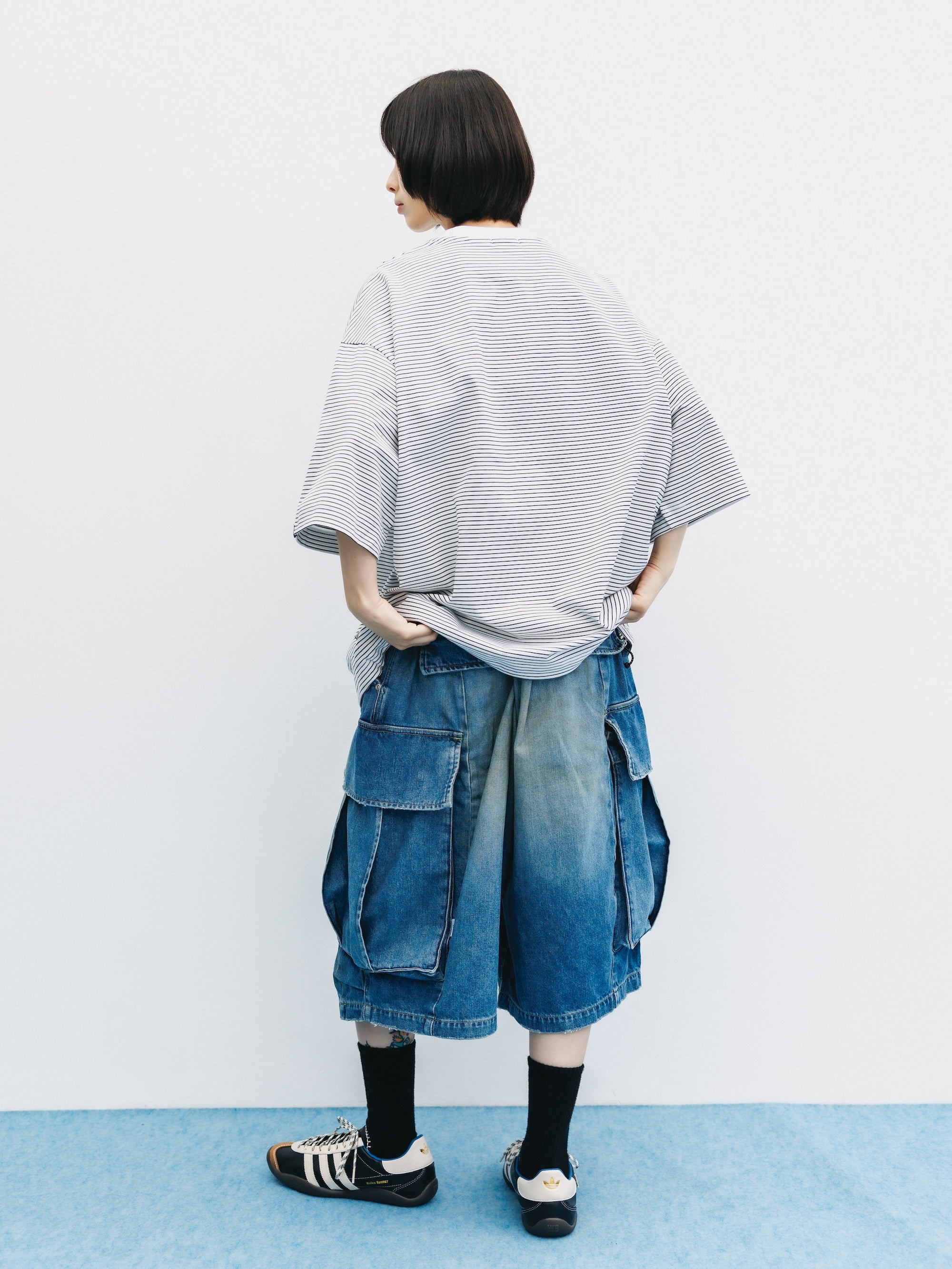VINTAGE DYED SELVEDGE DENIM CITY MEGA POCKET BALLOON CARGO HALF PANTS (VINTAGE LIGHT INDIGO)
