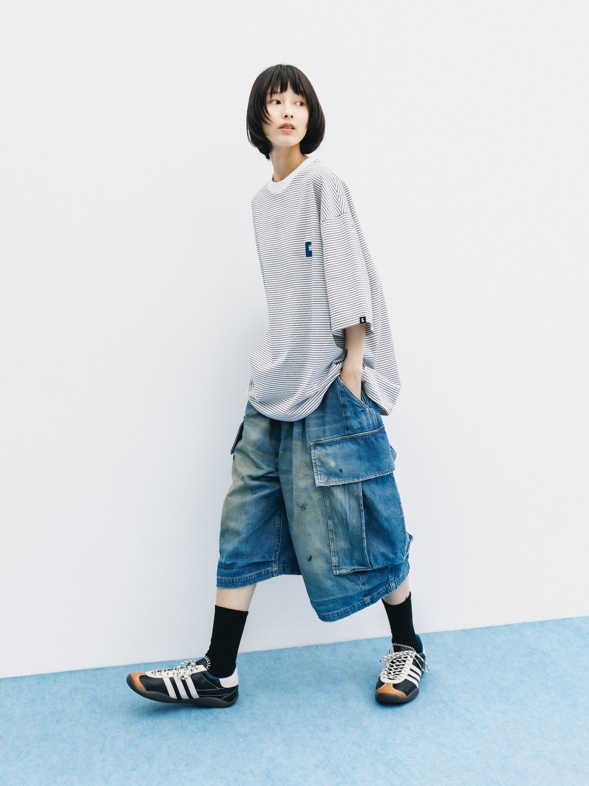 VINTAGE DYED SELVEDGE DENIM CITY MEGA POCKET BALLOON CARGO HALF PANTS (VINTAGE LIGHT INDIGO)
