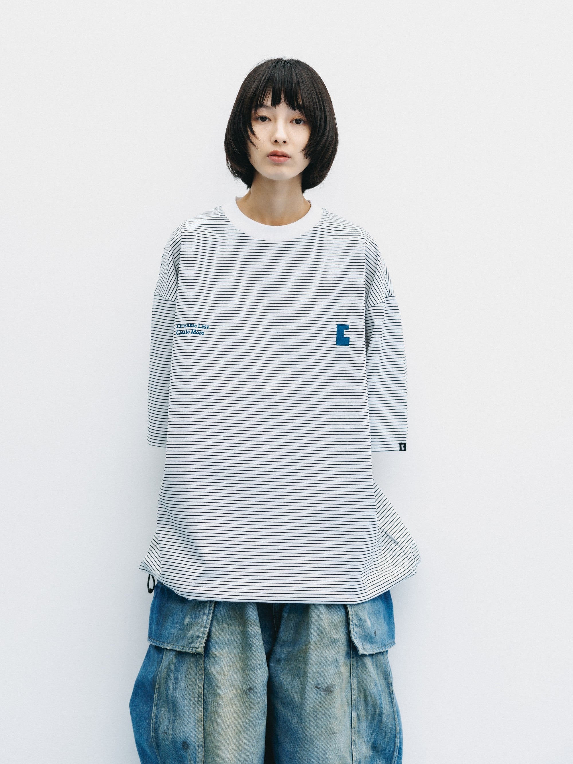 【6.13 SAT 20:00- IN STOCK】"C×CONCEPT" STRIPED S/S T-SHIRT WITH DRAWSTRINGS (WHITE×BLACK)