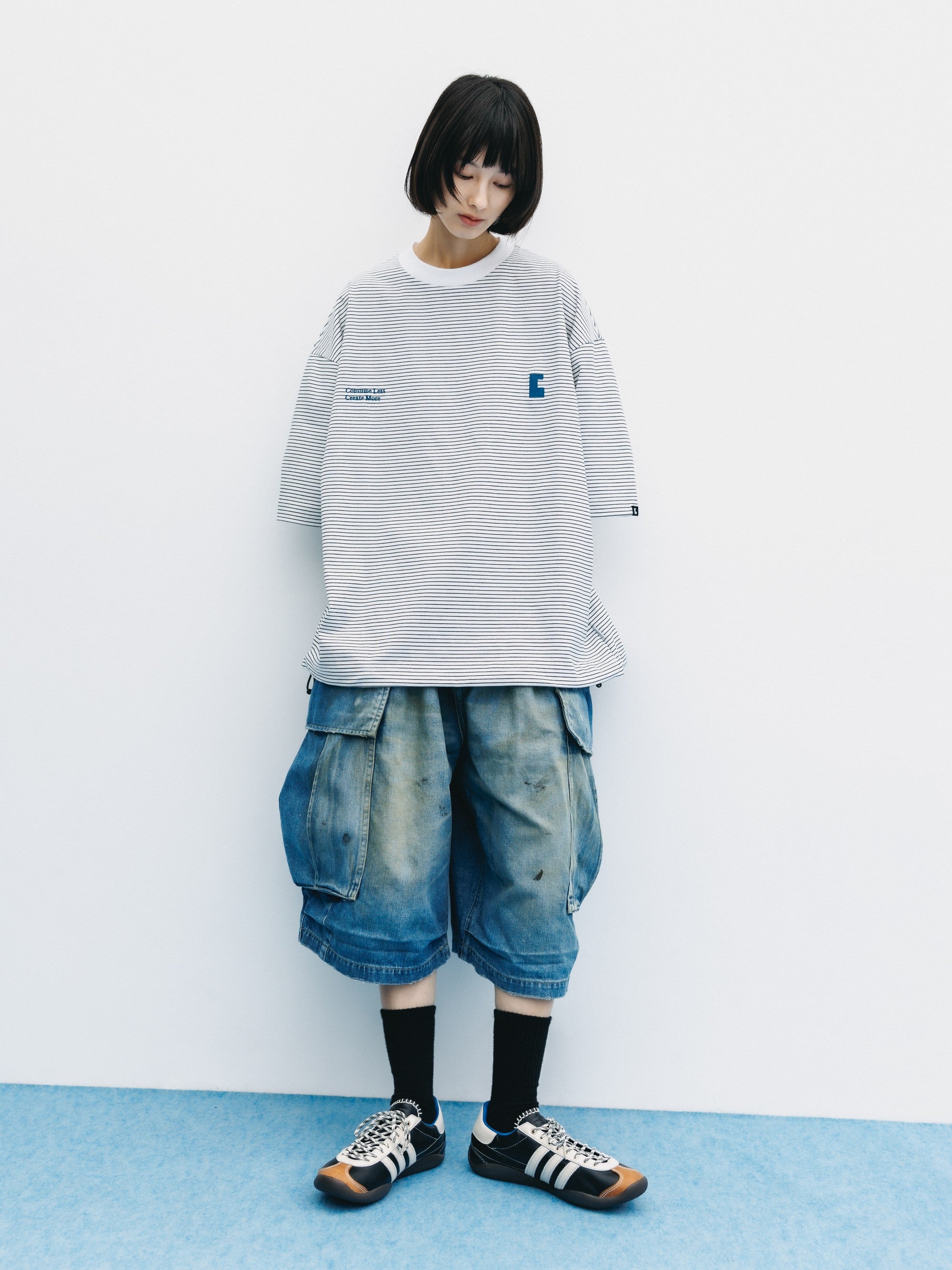 【6.13 SAT 20:00- IN STOCK】"C×CONCEPT" STRIPED S/S T-SHIRT WITH DRAWSTRINGS (WHITE×BLACK)