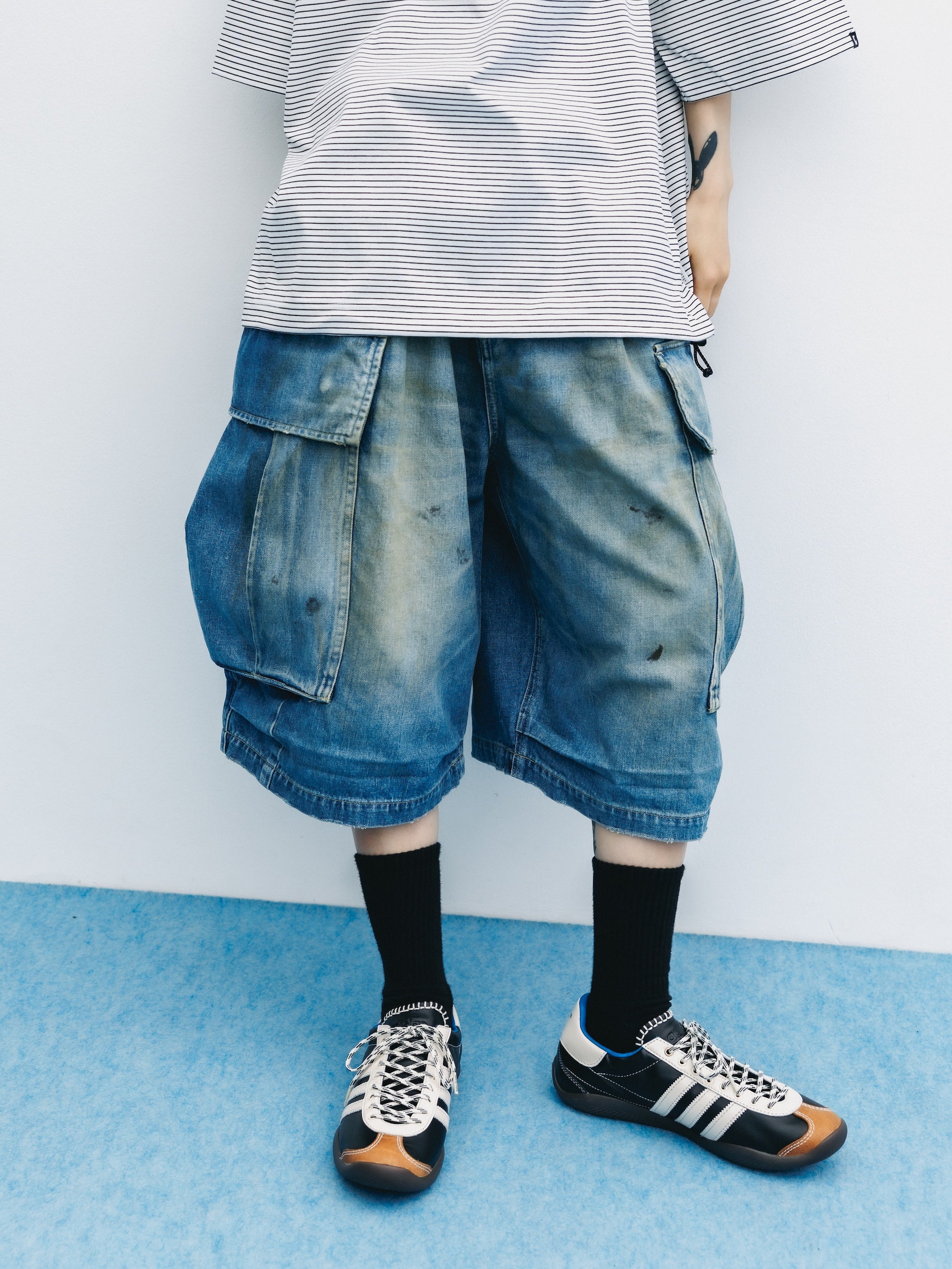 VINTAGE DYED SELVEDGE DENIM CITY MEGA POCKET BALLOON CARGO HALF PANTS
