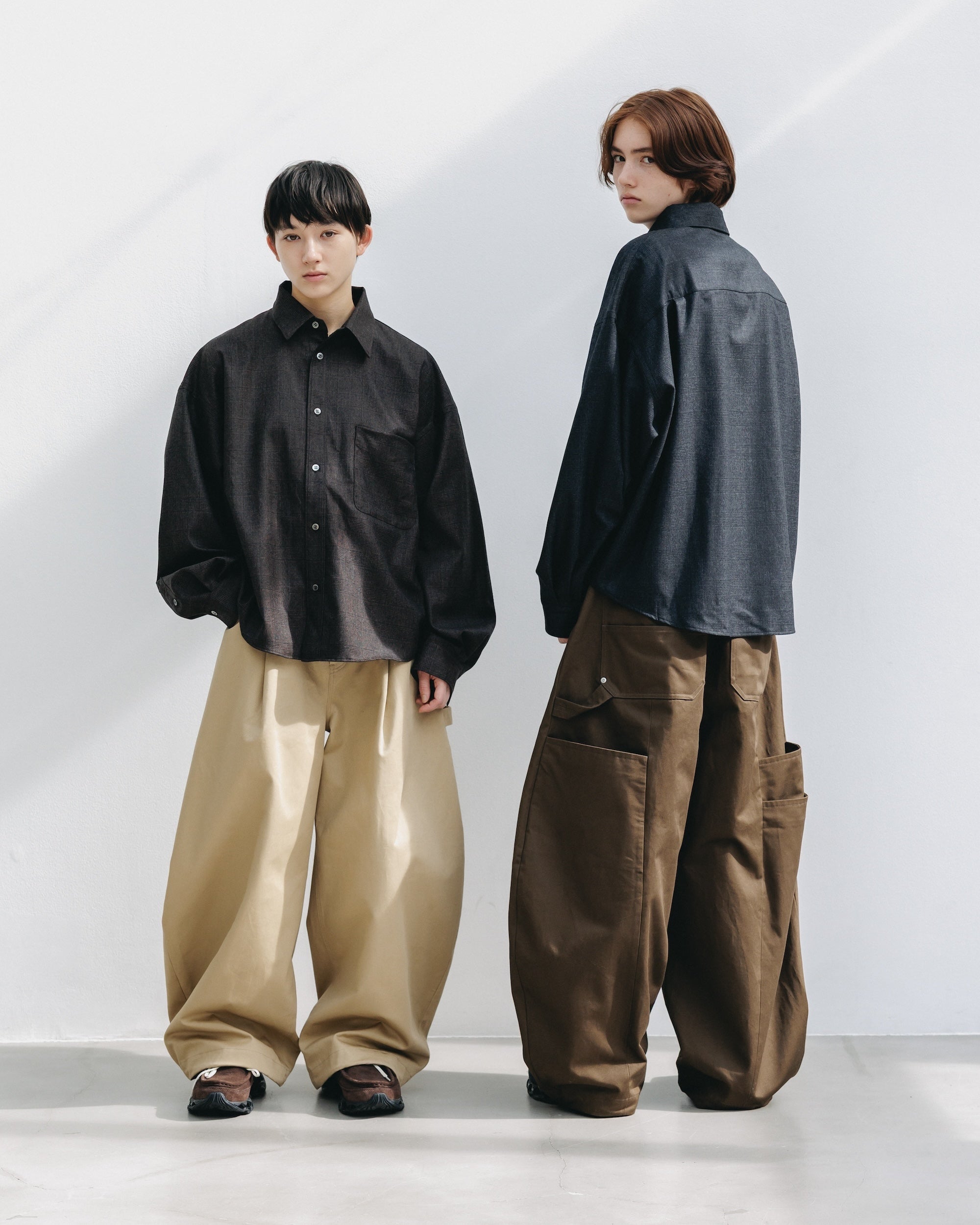 LIGHT FLANNEL CROPPED LENGTH EVERYDAY L/S SHIRT (GLEN CHECK(BROWN))