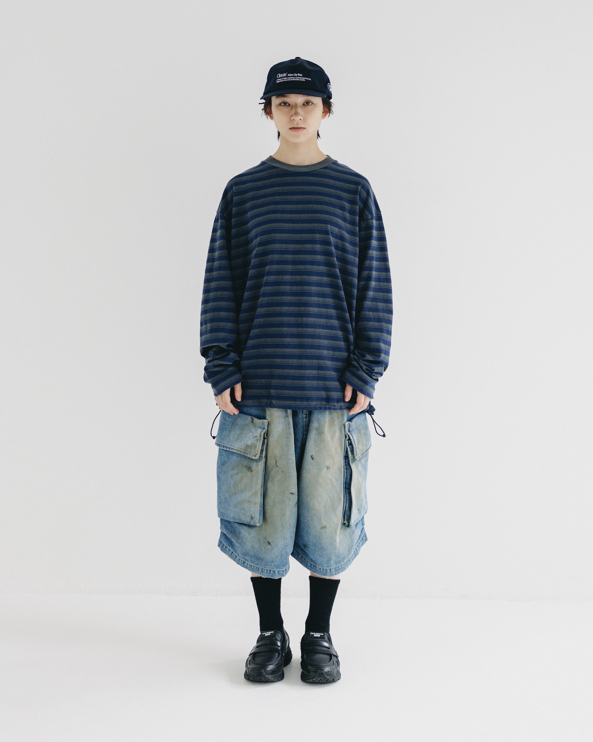 【10.8 WED 20:00- IN STOCK】PIGMENT DYED MULTI STRIPED L/S T-SHIRT WITH DRAWSTRINGS