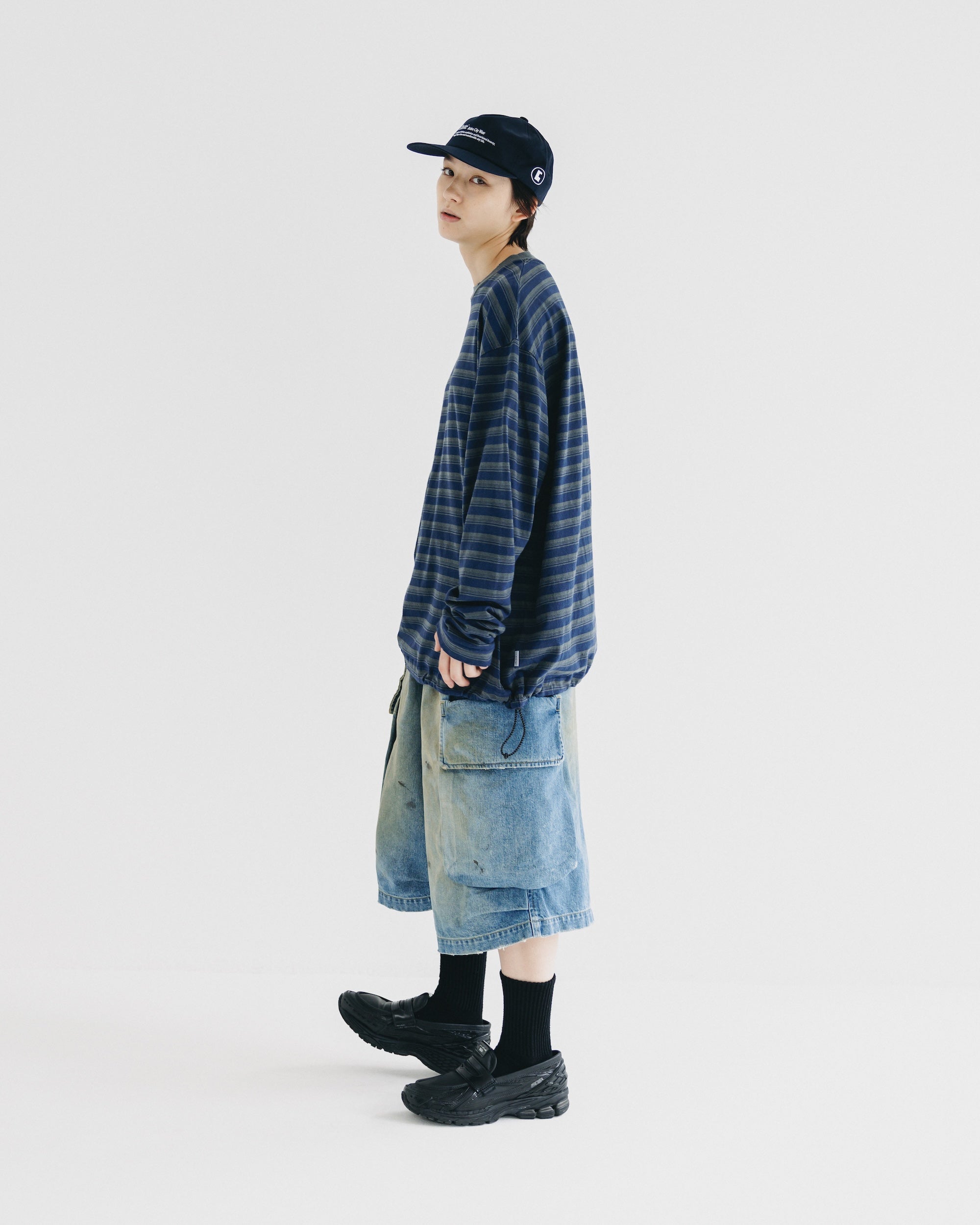 【10.8 WED 20:00- IN STOCK】PIGMENT DYED MULTI STRIPED L/S T-SHIRT WITH DRAWSTRINGS