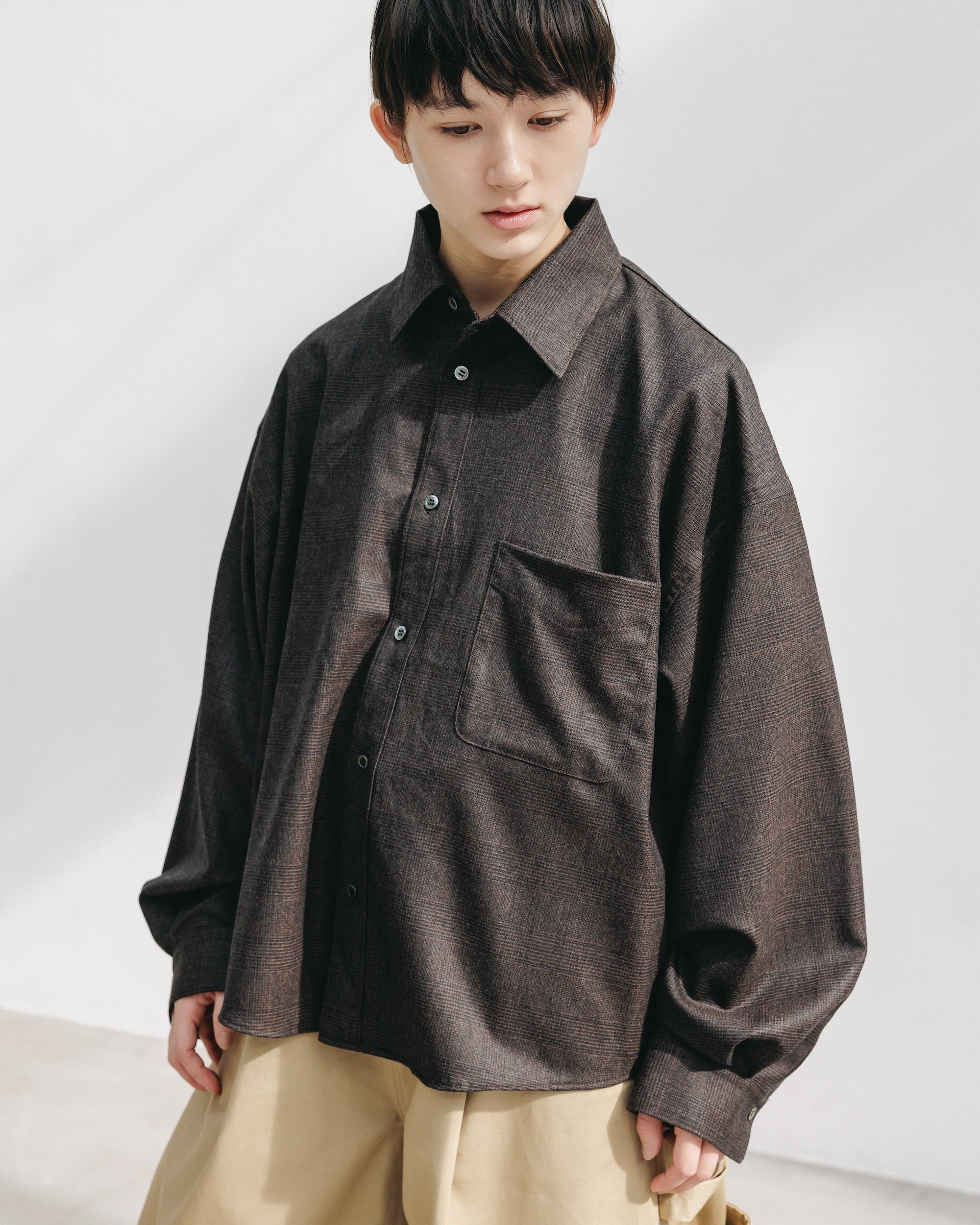 【11.12 WED 20:00- IN STOCK】LIGHT FLANNEL CROPPED LENGTH EVERYDAY L/S SHIRT (GLEN CHECK(BROWN))