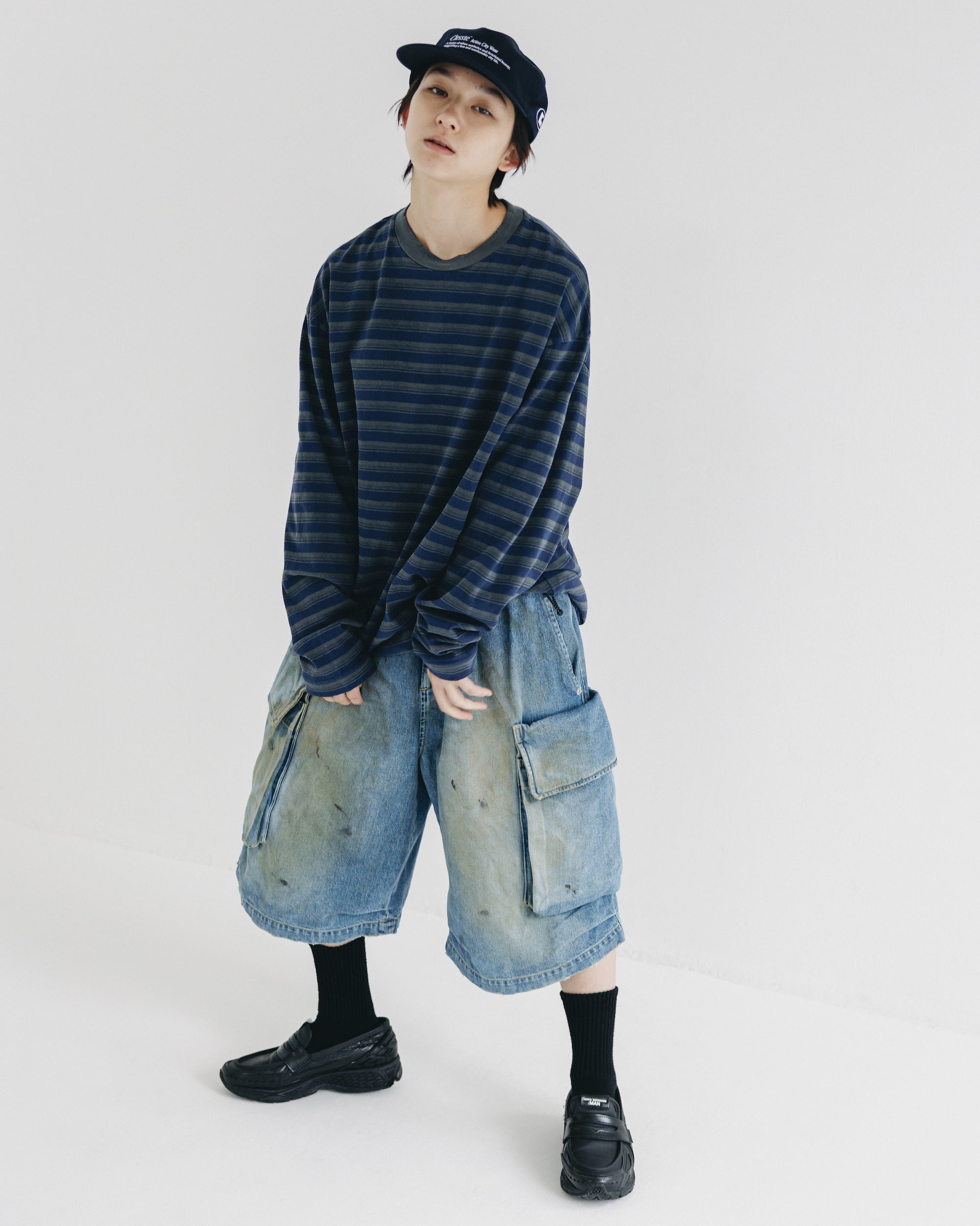 【10.8 WED 20:00- IN STOCK】PIGMENT DYED MULTI STRIPED L/S T-SHIRT WITH DRAWSTRINGS
