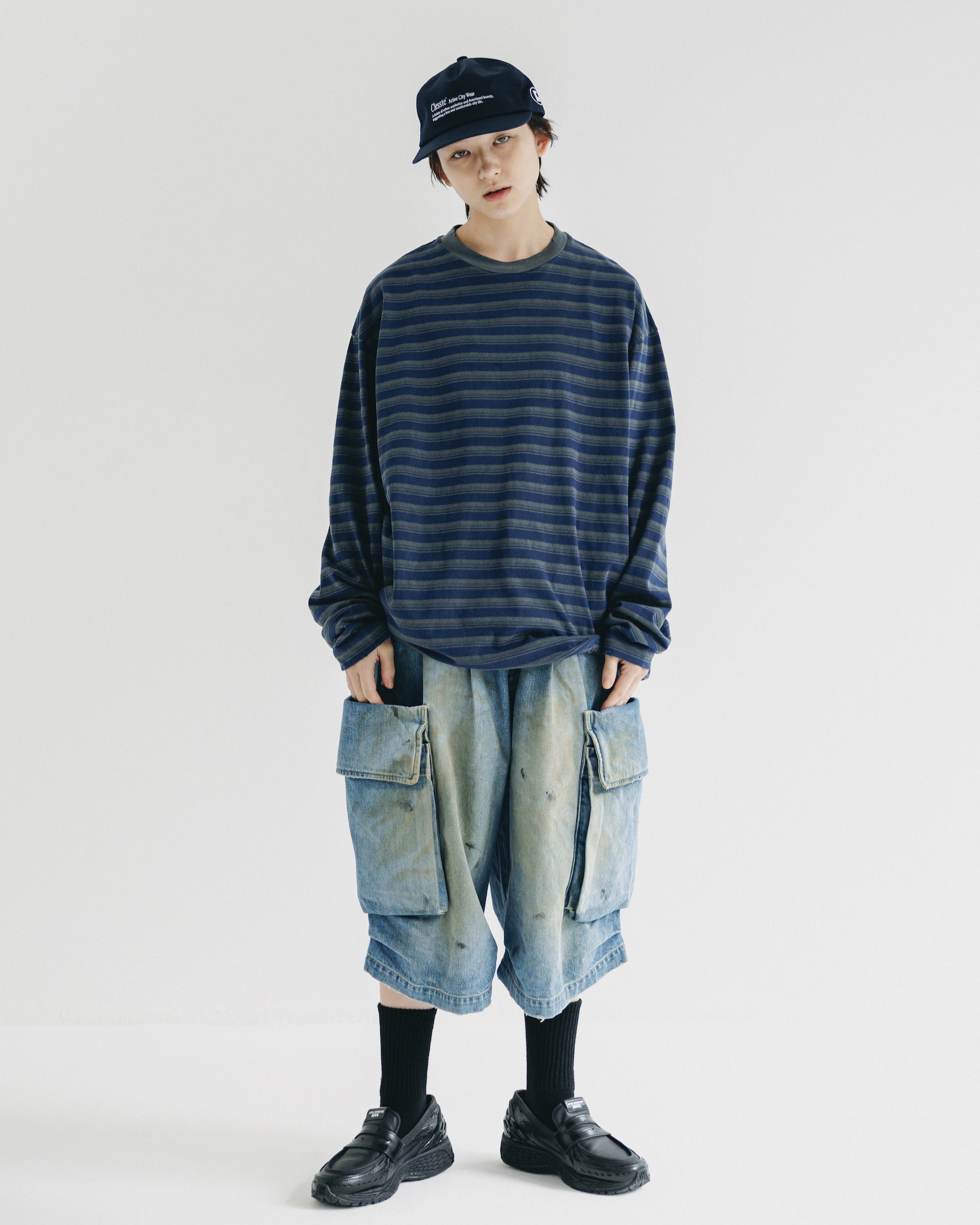 【10.8 WED 20:00- IN STOCK】PIGMENT DYED MULTI STRIPED L/S T-SHIRT WITH DRAWSTRINGS