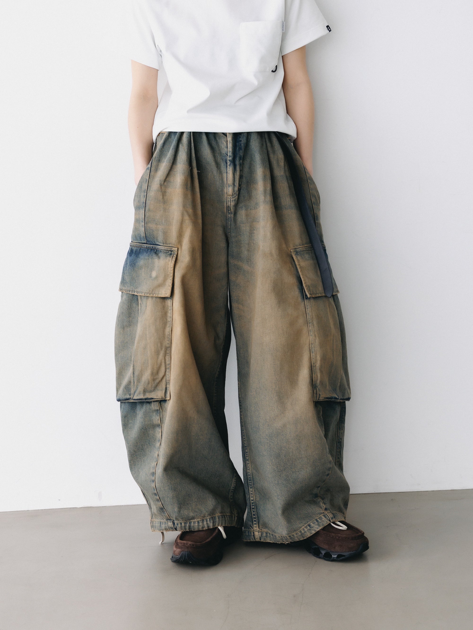 VINTAGE DYED SELVEDGE DENIM CITY MEGA POCKET BALLOON CARGO PANTS (VINTAGE BEIGE)