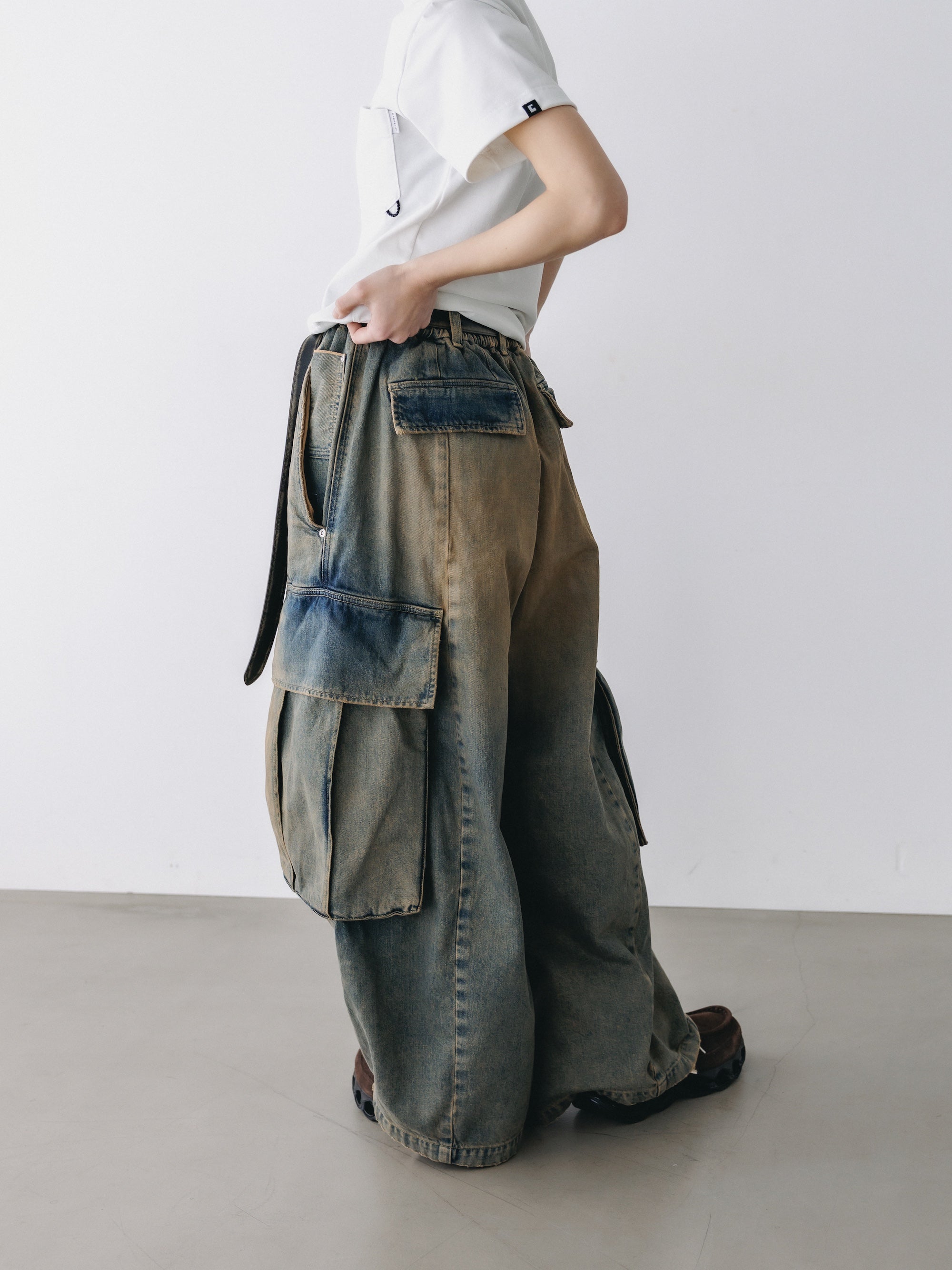 VINTAGE DYED SELVEDGE DENIM CITY MEGA POCKET BALLOON CARGO PANTS (VINTAGE BEIGE)
