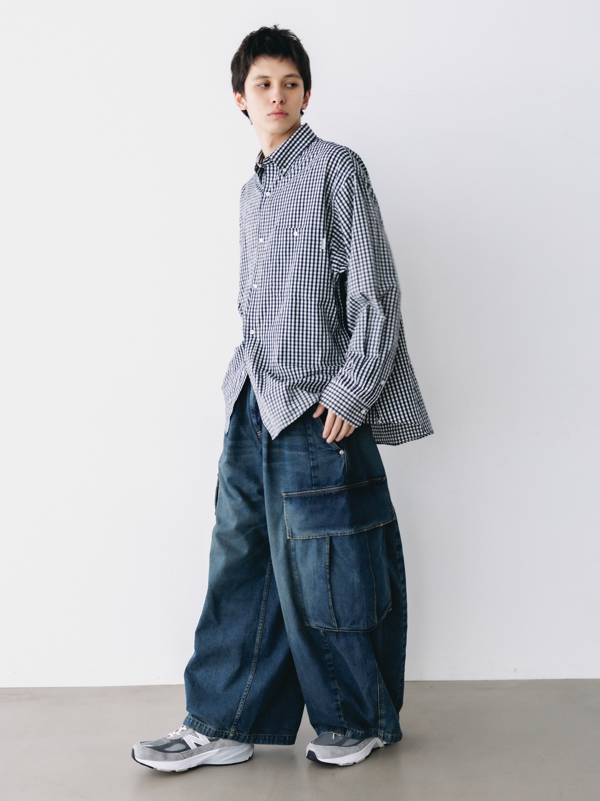 GINGHAM CHECK VENTILATION L/S B.D.SHIRT  (NAVY×ECRU)