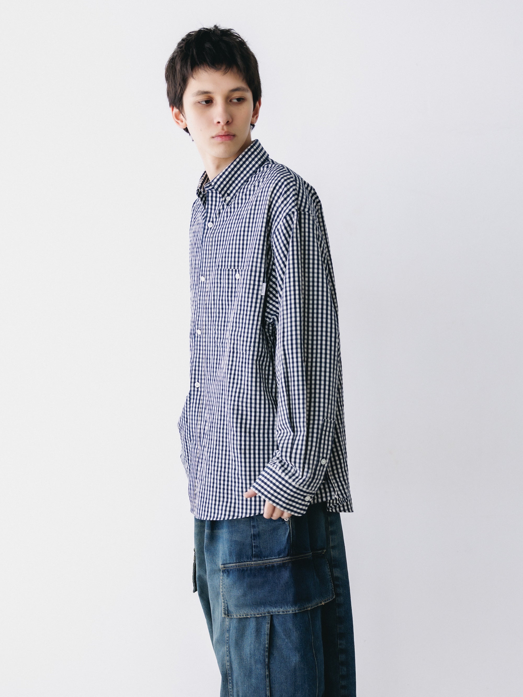 GINGHAM CHECK VENTILATION L/S B.D.SHIRT  (NAVY×ECRU)