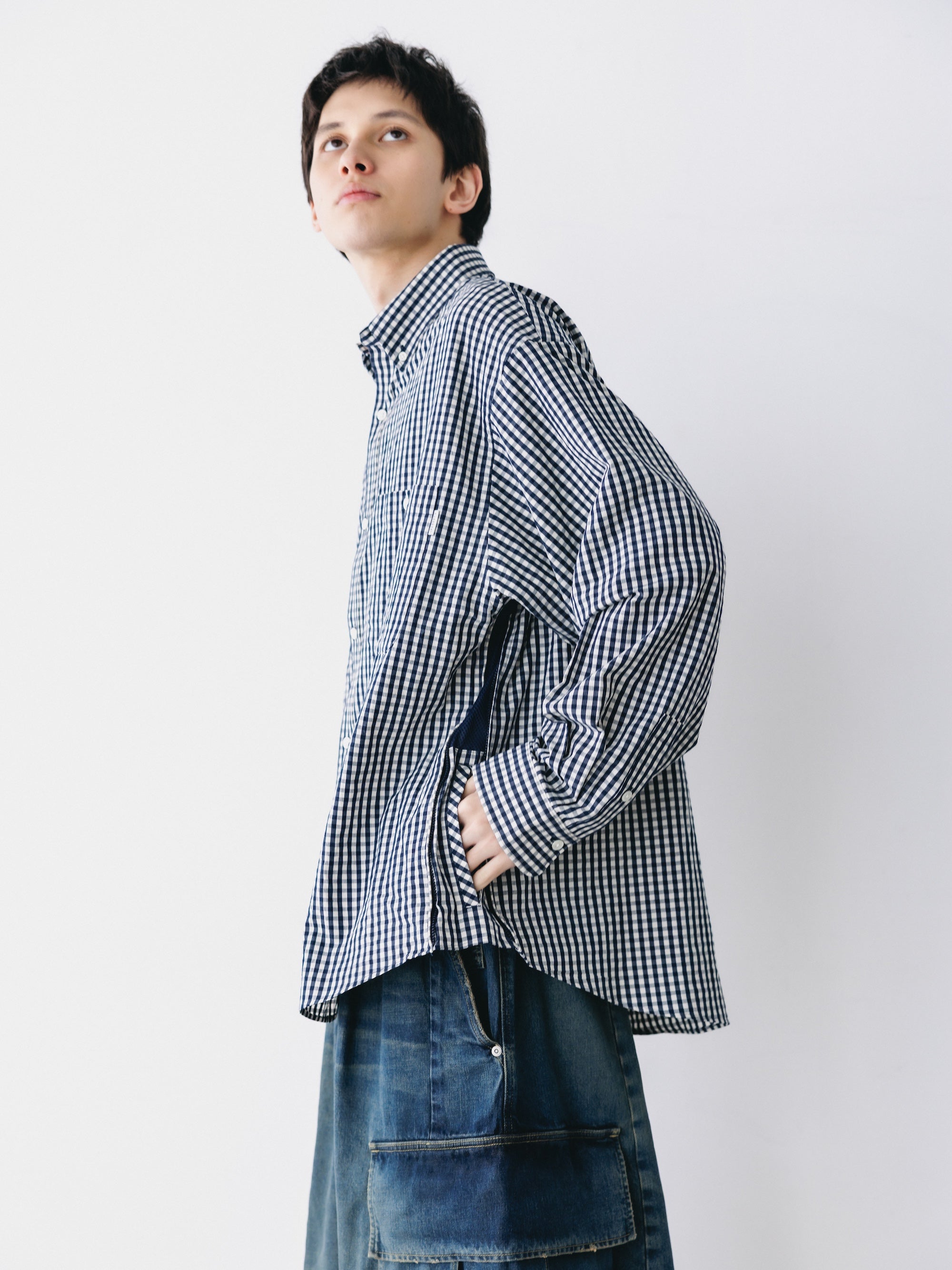 GINGHAM CHECK VENTILATION L/S B.D.SHIRT  (NAVY×ECRU)